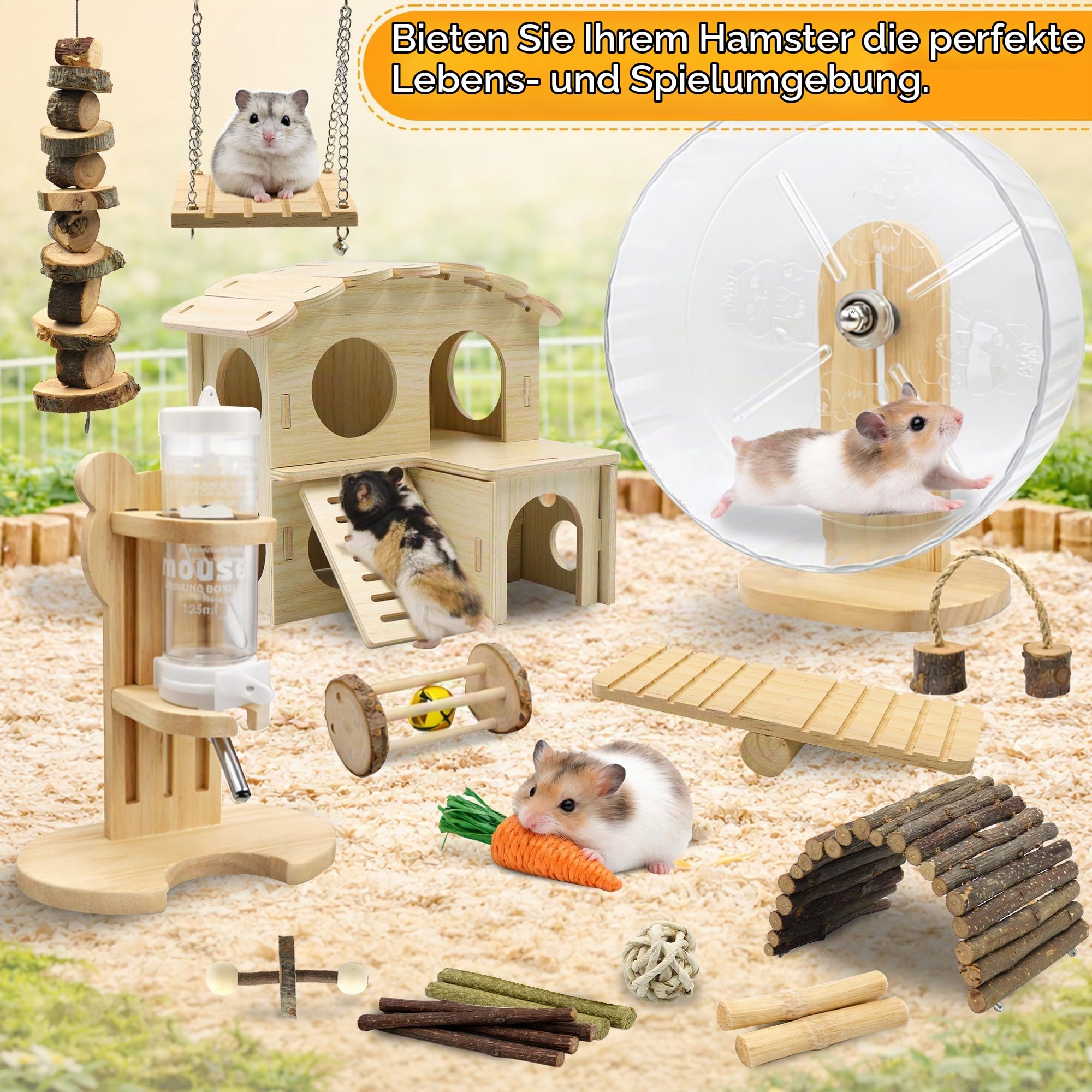 20-teiliges Hamsterkäfig-Zubehörset, 24 cm leises Hamsterrad, Kauspielzeugset, Holzhaus und Trinkflasche mit Ständer für Chinchillas, Kaninchen, Meerschweinchen, Ratten und andere Kleintiere (Gelb)