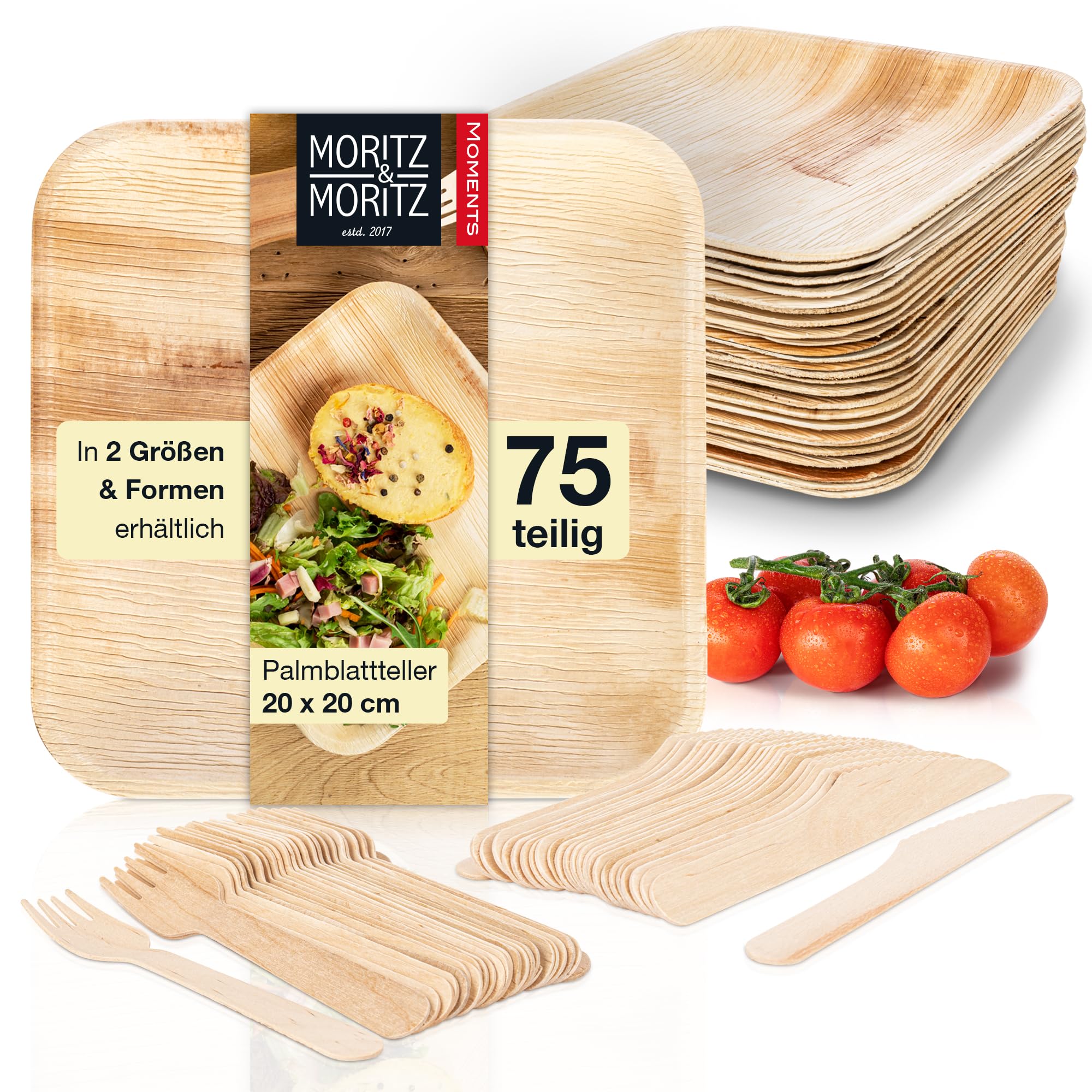 Moritz & Moritz Naczynia z liści palmowych, prostokątne, 20 cm, ze sztućcami dla 25 osób, 25 talerzy jednorazowych 20 x 20 cm, 25 drewnianych sztućców jednorazowych - alternatywa dla bambusowych