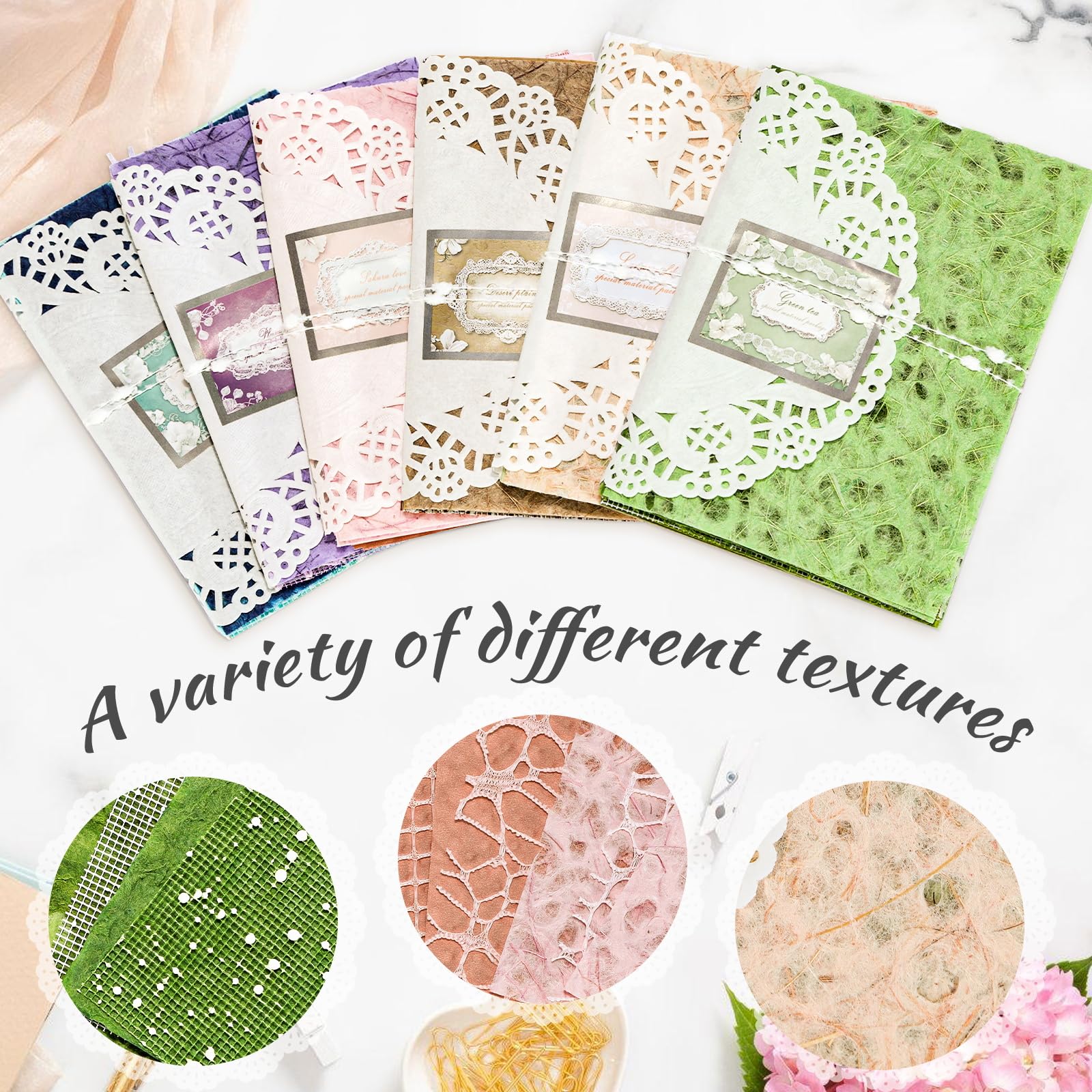 Zestaw 96 arkuszy papieru do scrapbookingu, 9,9 x 14 cm, artykuły do tworzenia kart, teksturowany papier dekoracyjny i papier do decoupage z tkaniny siatkowej, 6 sztuk papieru do decoupage do