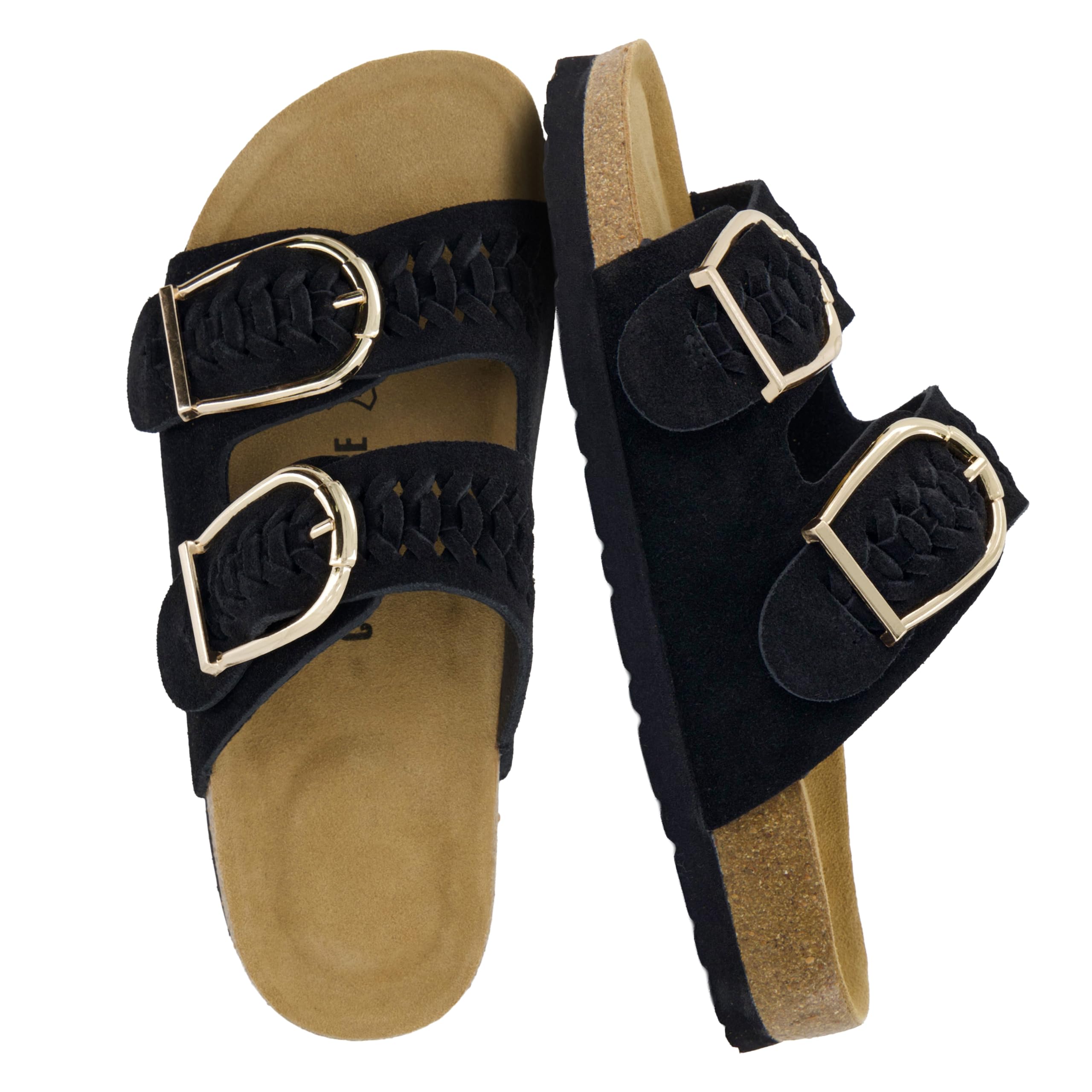 CUSHIONAIRE Cashew Slip On Genuine Suede Leather Womens Sandals - Braided Double-Strap Design with Adjustable Big Buckle Sandals for Women