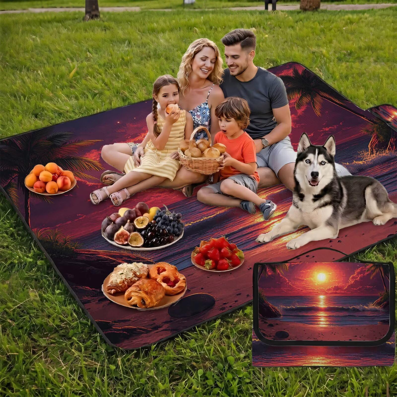 Couverture Pique Nique Grande 200x300cm,Outdoor Couverture Imperméable,Pliable Tapis de Plage Dos en PVC,Picnic Blanket pour Camping Accessoires,Jardin,Parc,Famille - Coucher de Soleil,Paysage UZ-277