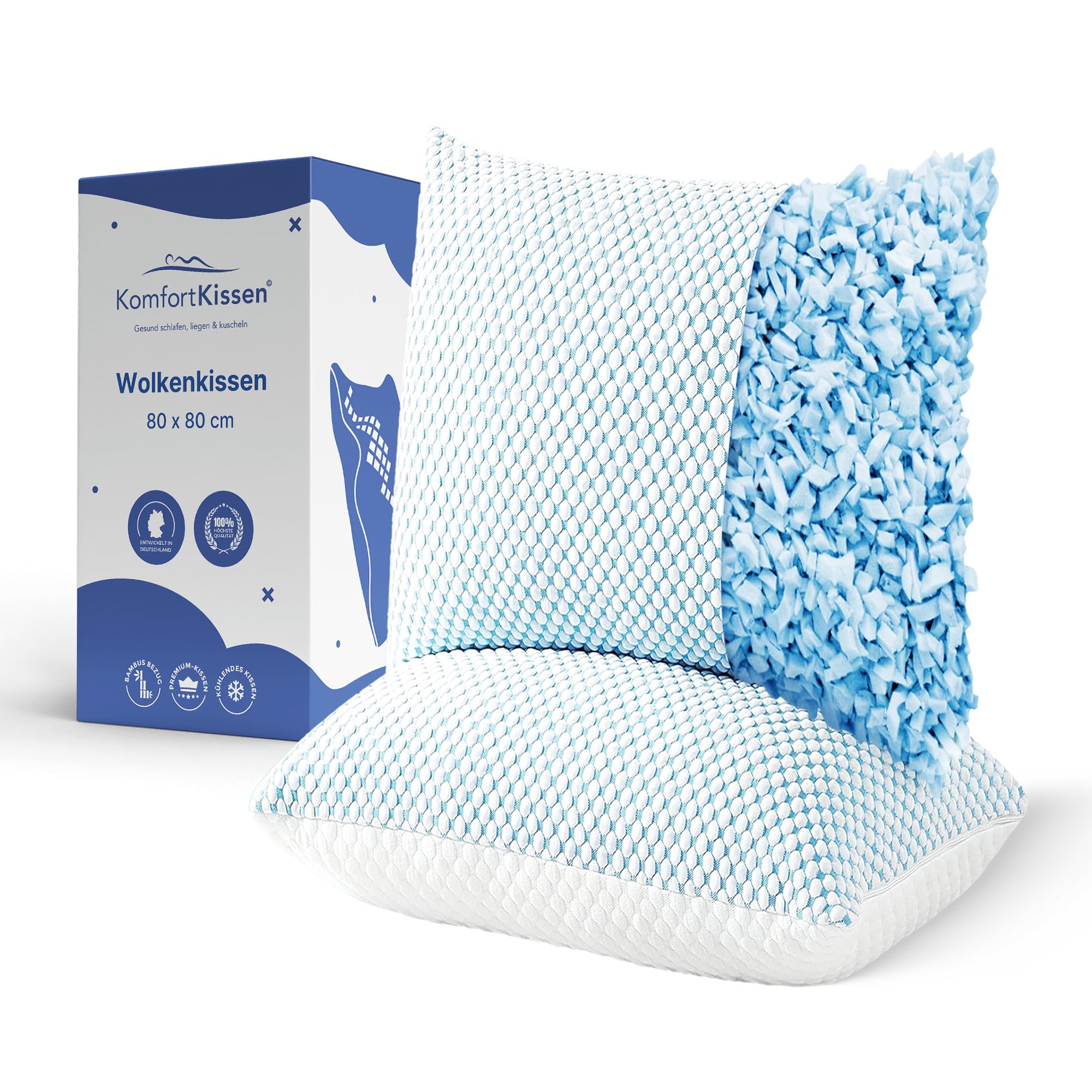 MKS Memory Foam Pillows, Set of 2, 80 x 80 cm, Adjustable Model, Suitable for Back, Side and Stomach Sleepers, Crushed Memory Foam Wool Pillow