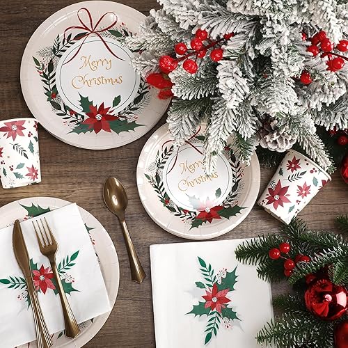 Miniatura 4 de Juego de 350 platos y servilletas de papel de Navidad desechables, vajilla de Navidad, suministros de fiesta, incluye 100 platos de papel, 50 tazas,