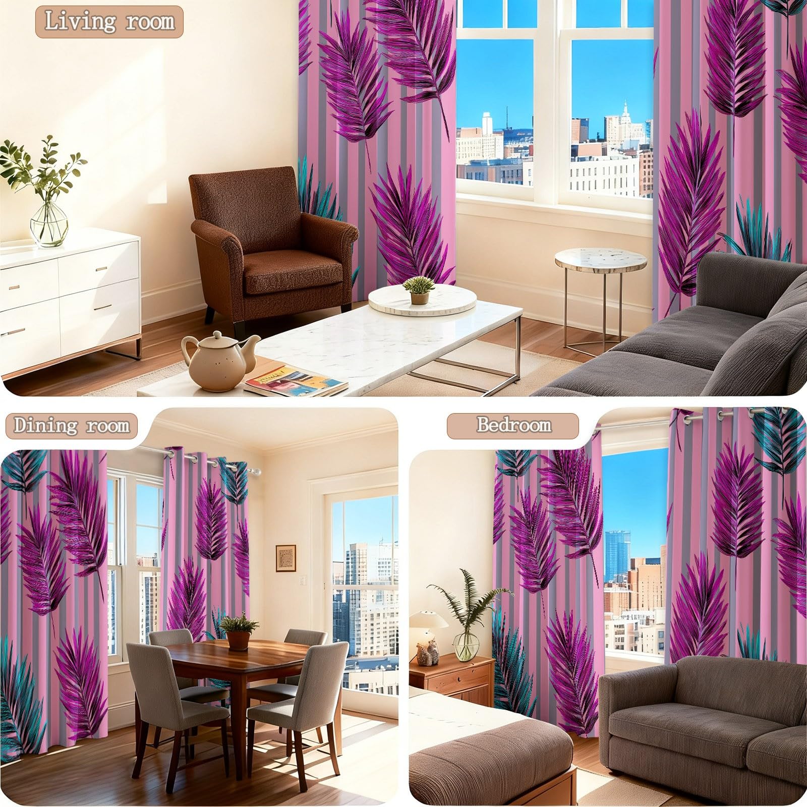 Bunt Blickdicht Vorhänge Wohnzimmer - Stilvoll Streifen Pflanze Palmenblatt Vorhänge mit Ösen Themovorhang Verdunkelungsvorhänge für Schlafzimmer Kinderzimmer, B110 x H215 cm 2er Set