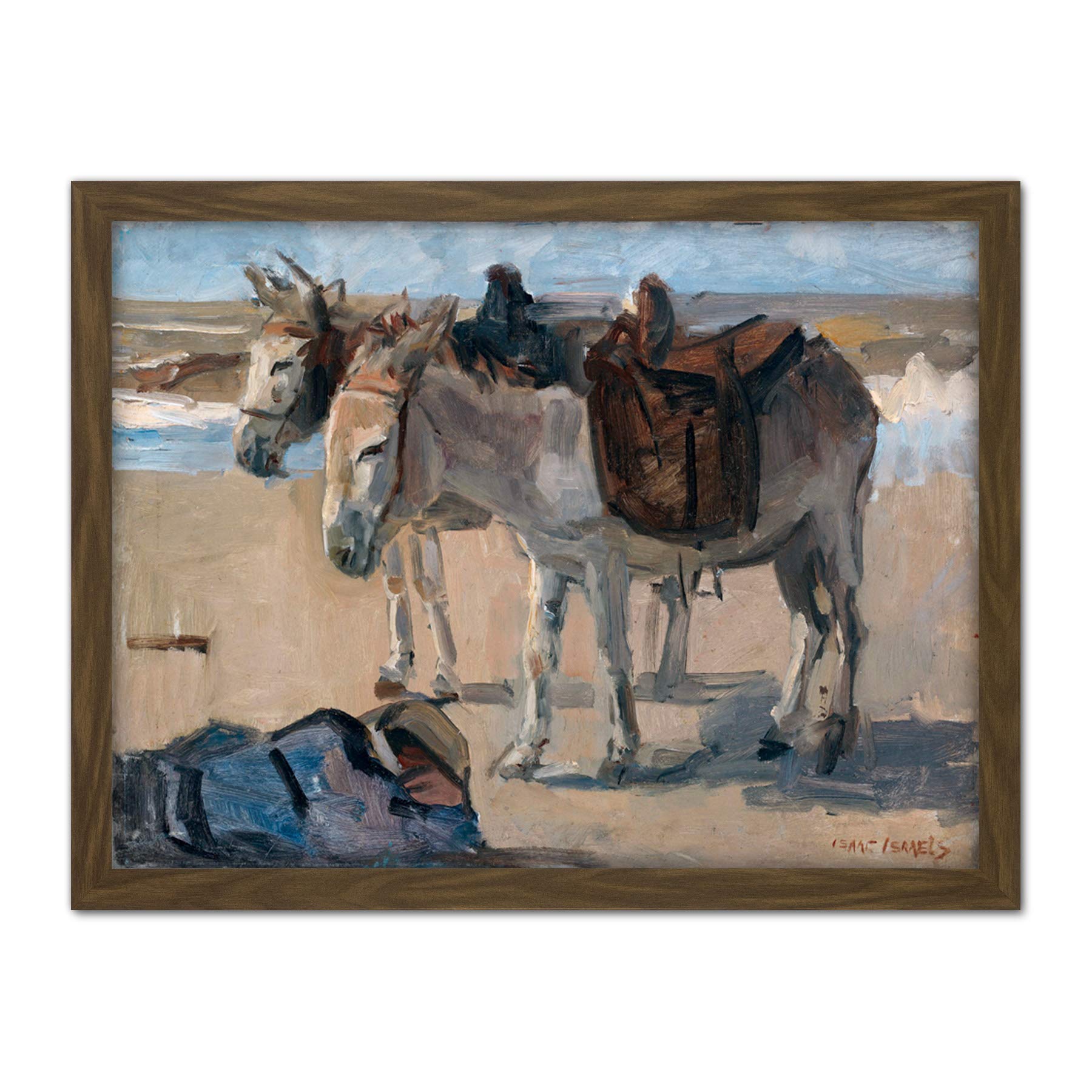 Artery8 Isaac Israels Two Donkeys On Beach Landscape Artwork Framed Wall Art Print 18X24 Inch
