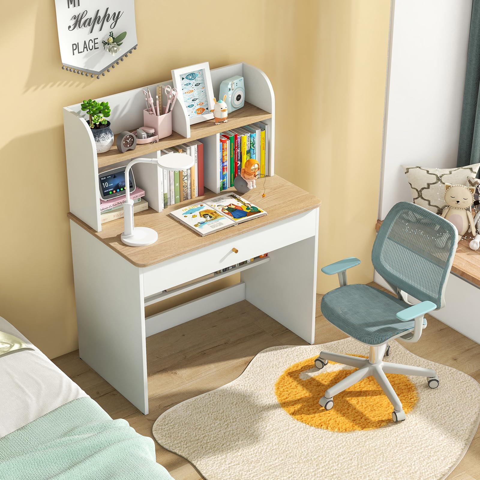 DREAMADE Schreibtisch Kinder aus Holz, Jugendschreibtisch mit Schublade & offener Ablagefächer & Regal, Schülerschreibtisch Kinderschreibtisch für Kinder ab 3 Jahren (Weiß+Natur)