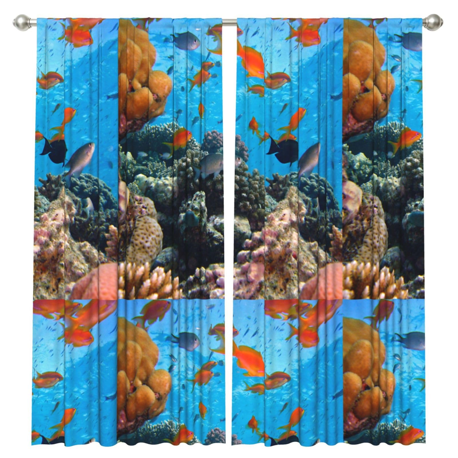 InOmak Coral And Fish, 2 Panels Window Curtains 52 x 84 Inch Blackout Curtains for Living Room Bedroom
