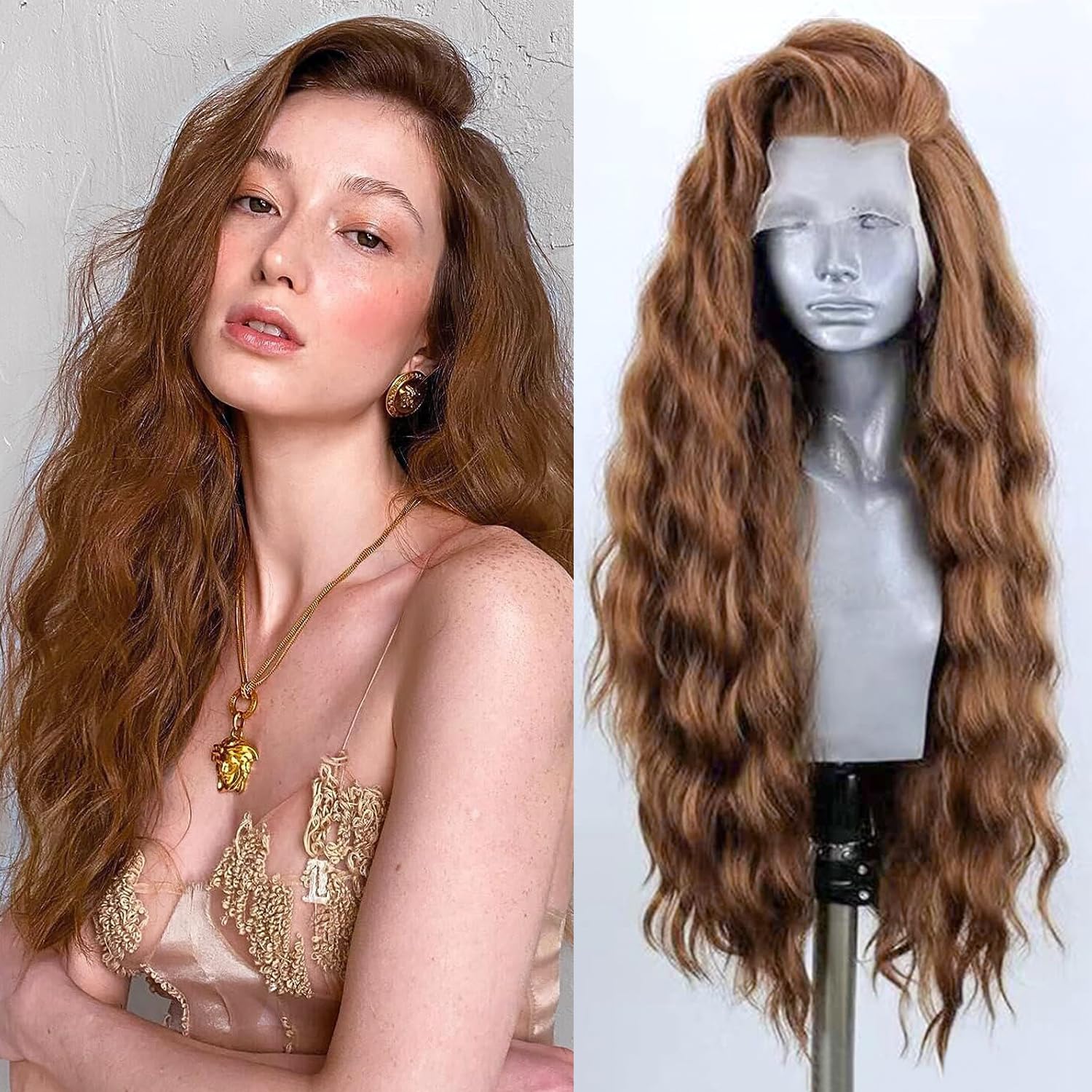 PORSMEER Parrucche marrone ramato Lace Front- Parrucca Sintetica marrone con 13x4 pollici Lace Front Wig Parrucche Lunghe Ondulate per le Donne Natuaral Capelli Sintetici Resistenti al Calore