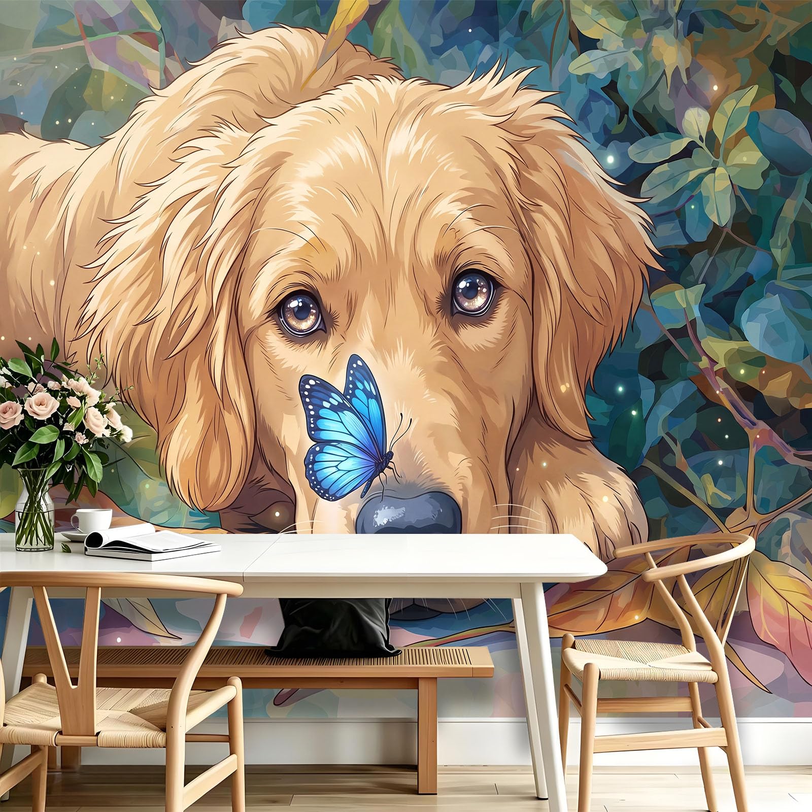 Fototapeta ścienna z włókniny 3D, Golden Retriever, motyl opadłe liście, niestandardowa, panoramiczna dekoracja ścienna, akwarela, przytulny design, do salonu, kuchni, sypialni, 200 x 140 cm (szer. x