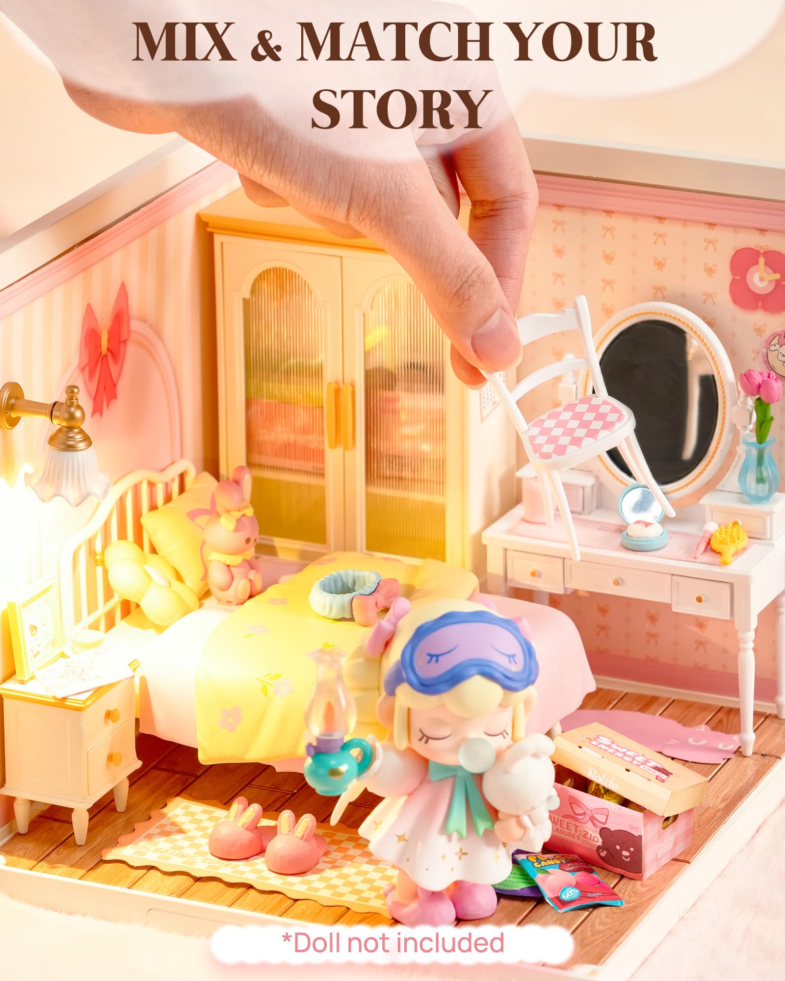 Sexy outfit Zestawy miniaturowych domów DIY - urocza różowa sypialnia i kuchnia na wsi, zestaw modeli Super Creator z regulowanym światłem, mini domek dla lalek DIY do figurek kolekcjonerskich