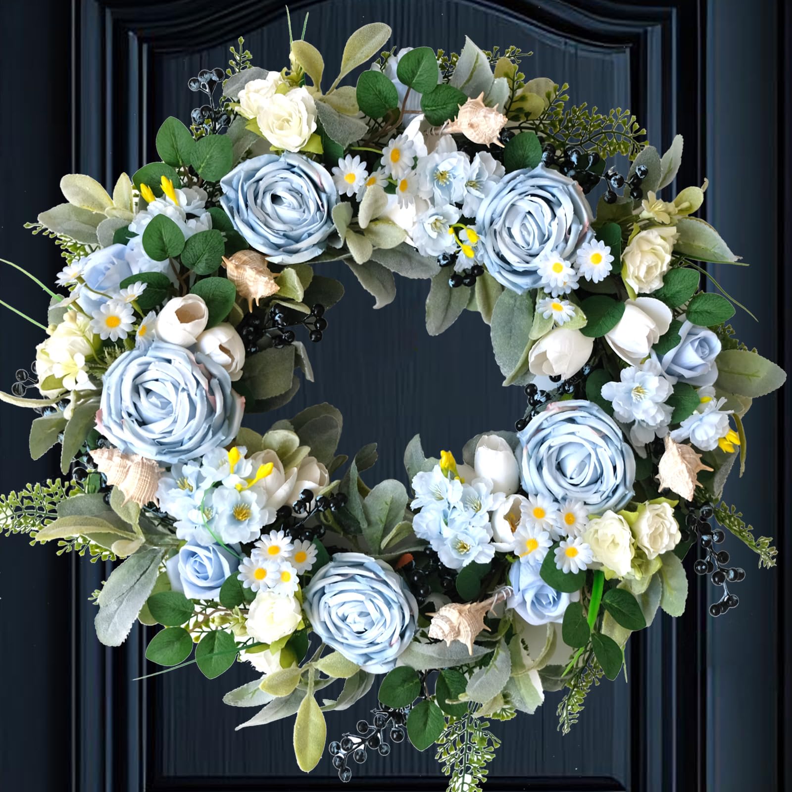 vivimemo 24 inch Spring Front Door Wreath Blue Rose Spring/Summer Flower Wreath Indoor Outdoor Decoration Wedding Birthday Party Decoration
