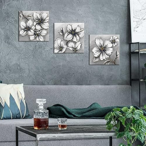Miniatura 3 de FuShvre 3 paneles de lienzo de flores grises elegantes arte de pared de magnolia, pintura floral moderna para el hogar, sala de estar, dormitorio,