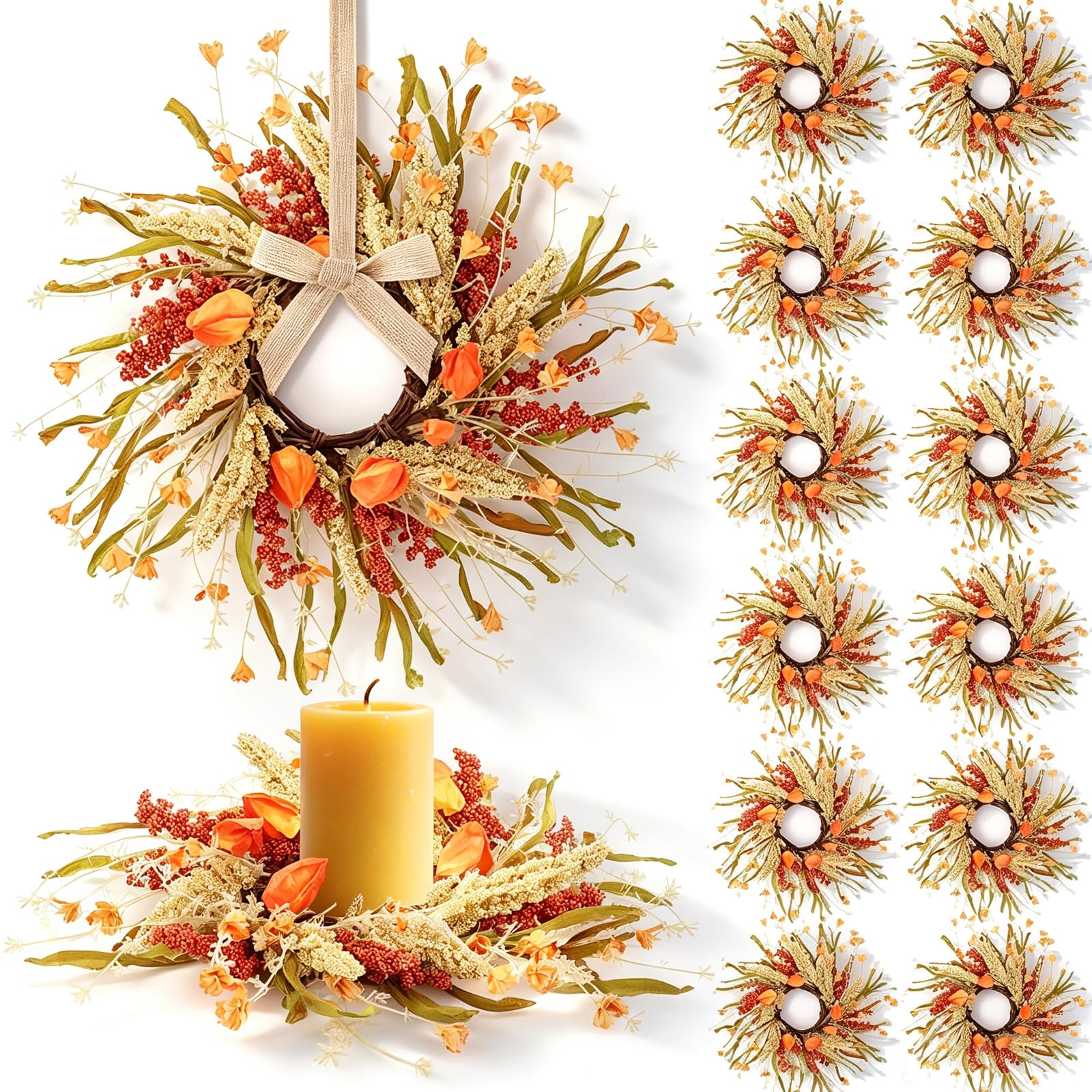 12 Pcs Fall Candle Rings 9 inch Thanksgiving Autumn Wreaths with Flowers for Tables Artificial Farmhouse Candle Rings Wreath for Front Door Porch Wall Window Decorations