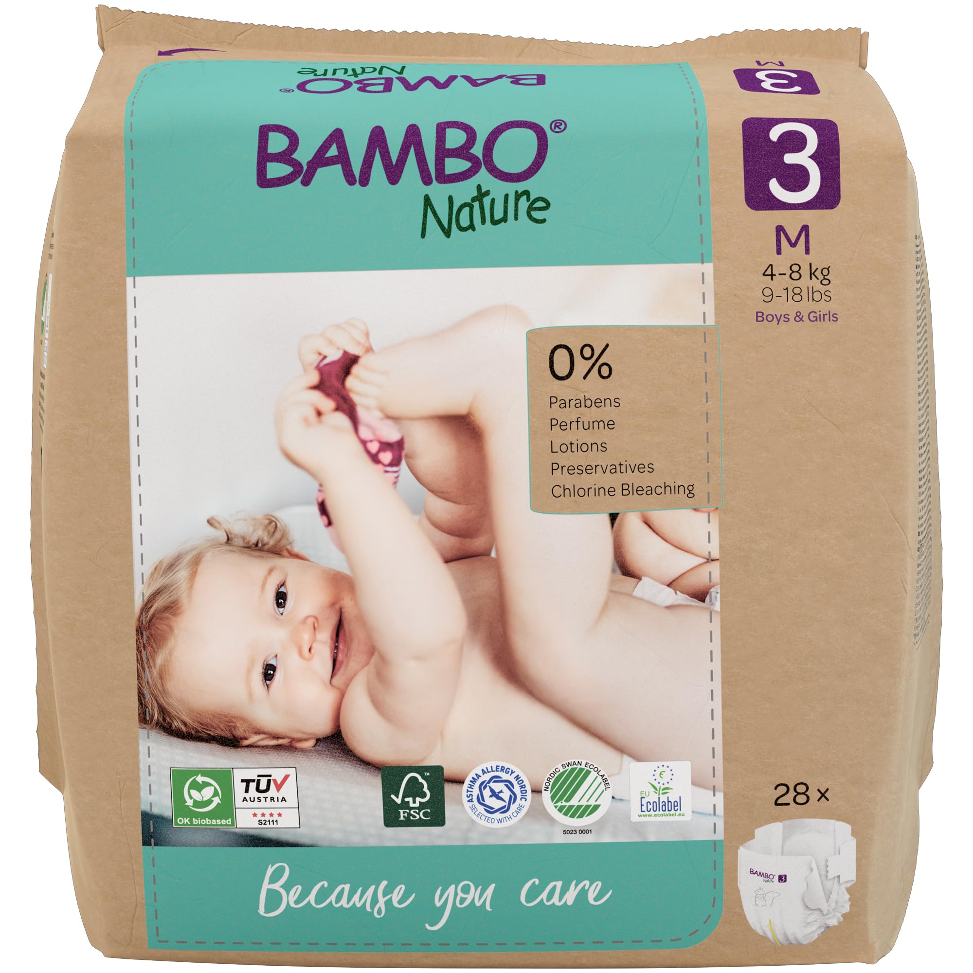 Bambo Nature Premium Eco Nappies, Eco-Labelled Sustainable Nappies, Enhanced Leakage Protection, Secure & Comfortable Baby Nappies, Secure & Comfortable - Size 3 Nappies (9-18lb/4-8kg), Midi, 28PK