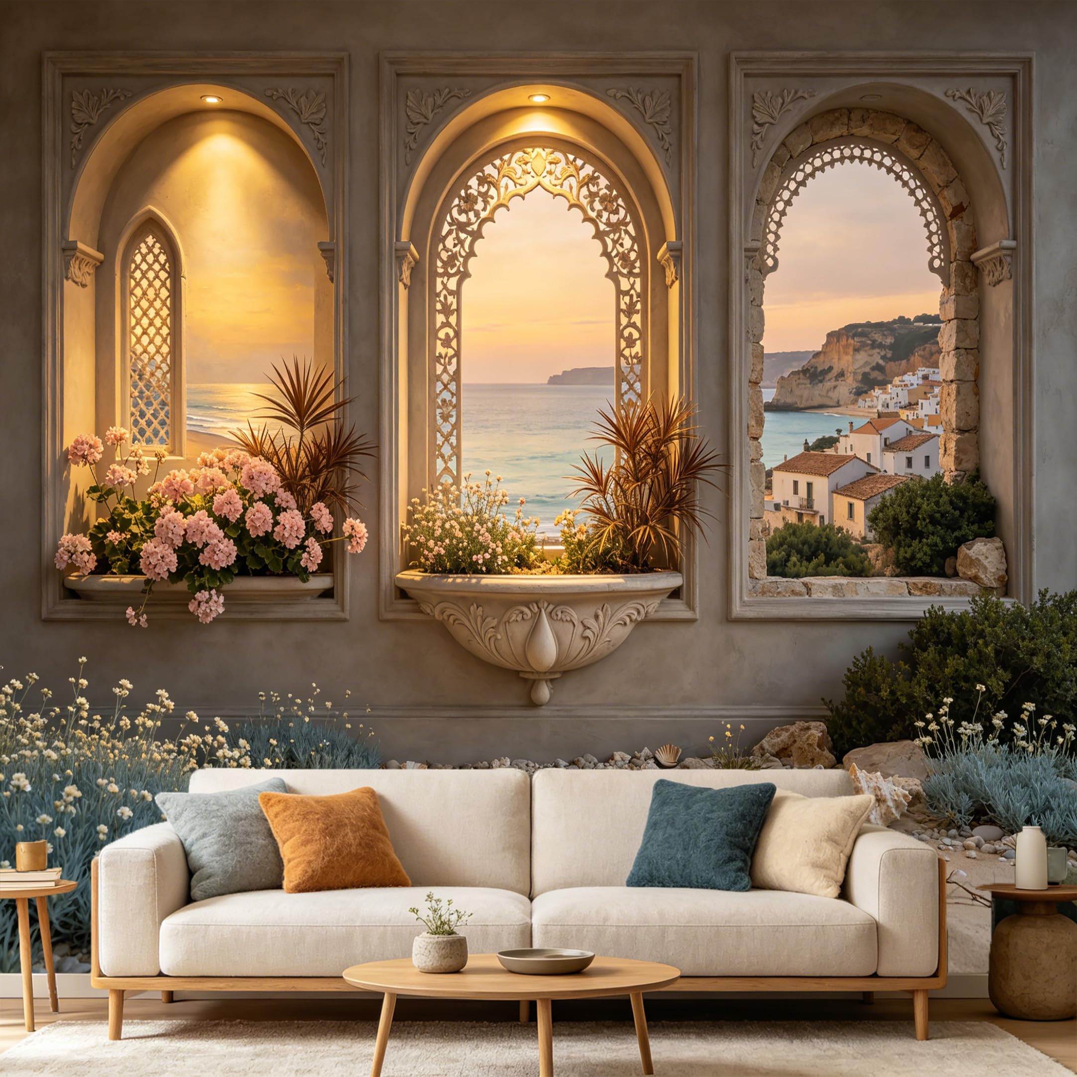 Custom Size Wall Mural Mediterranean Coastal Arch Window Sunset Sea View Aesthetic Interior 3D SelfAdhesive Art Prints wall Fabric Removable Large Wallpaper Home Living Room Decor
