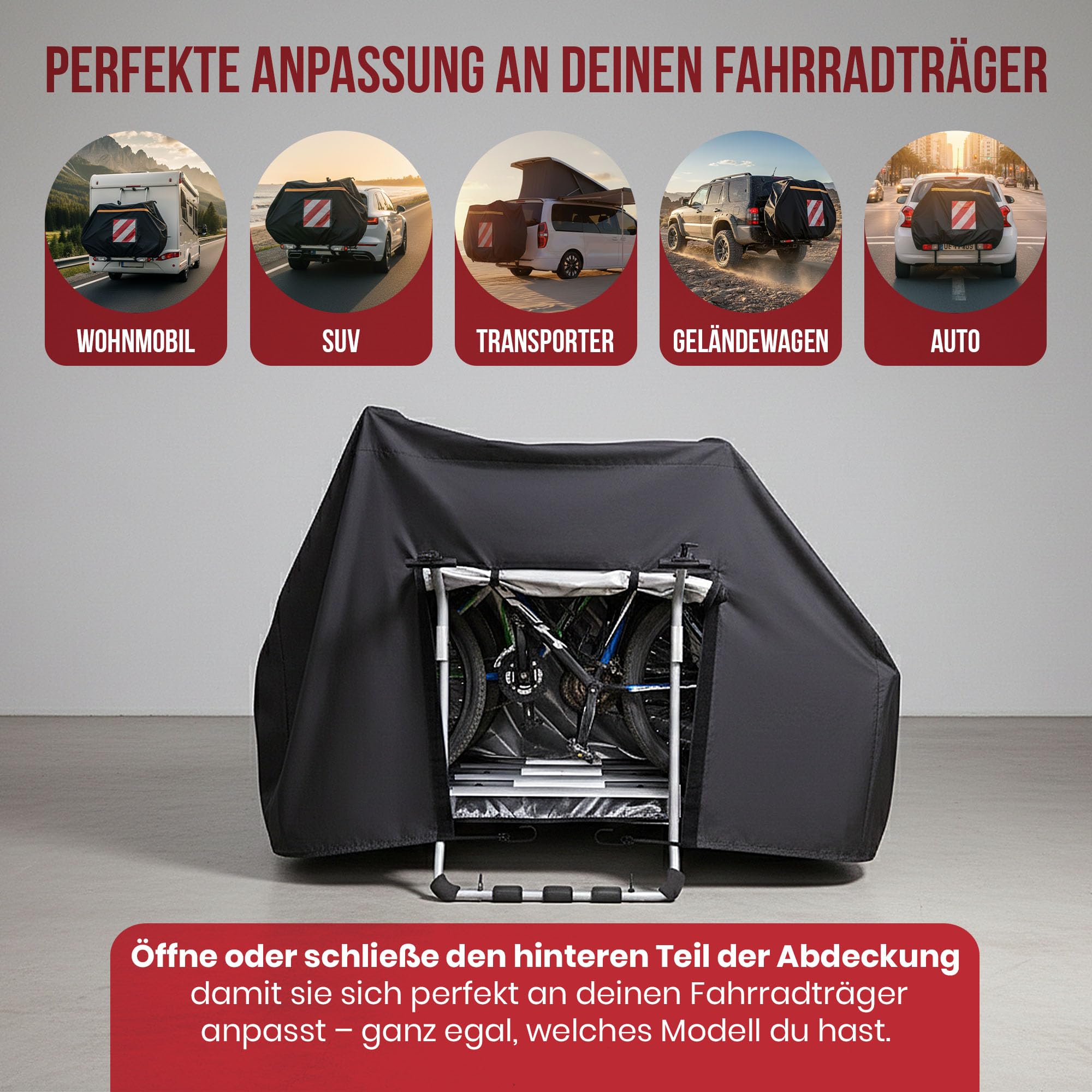Fahrradabdeckung Heckträger – Wasserdichte Fahrradschutzhülle Fahrradträger, Ideal für Wohnmobil - Geeignet für 3 Fahrräder / E-Bikes - Robuste Fahrradhülle für Heckträger