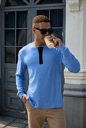 Men's Henley Shirts Long Sleeve Casual Button Classic T-Shirt Cotton Stylish Basic Pullover Soft Tees