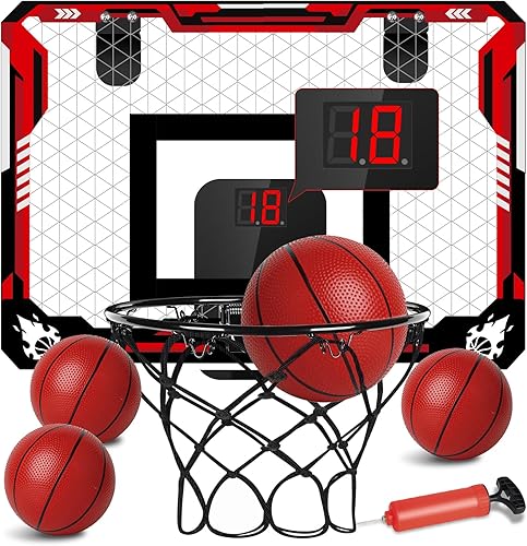 Aro de baloncesto para interiores, mini aro de baloncesto para niños con marcador electrónico y 4 bolas, plegable sobre la puerta, ventilador de