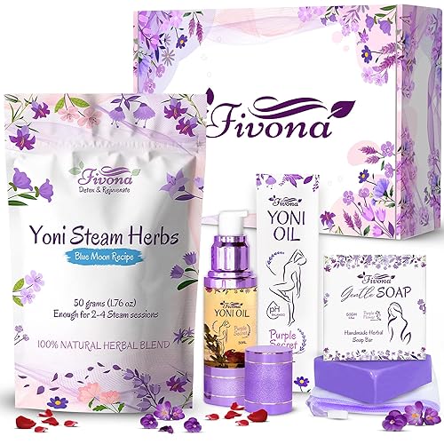 FIVONA Yoni Care Kit 3 en 1 Aceite vaginal natural equilibrado con pH de 1.0 fl oz, jabón de hierbas orgánicas de 5.3 onzas, hierbas al vapor Yoni