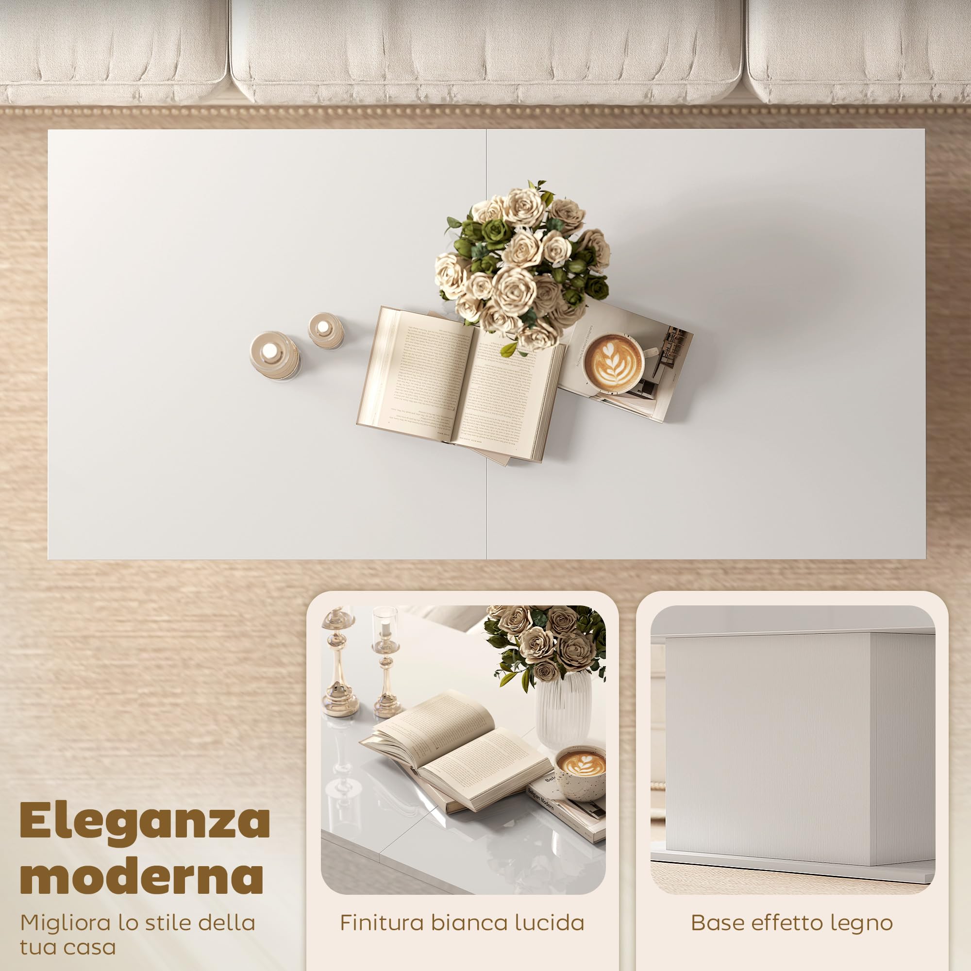 HOMCOM Tavolino da Caffè Estensibile con Vano Contenitore, Tavolino Salotto Allungabile Moderno con Piedini Antiscivolo, Tavolo Soggiorno per Casa Ufficio, 108-178.5x53x49 cm, Bianco Lucido