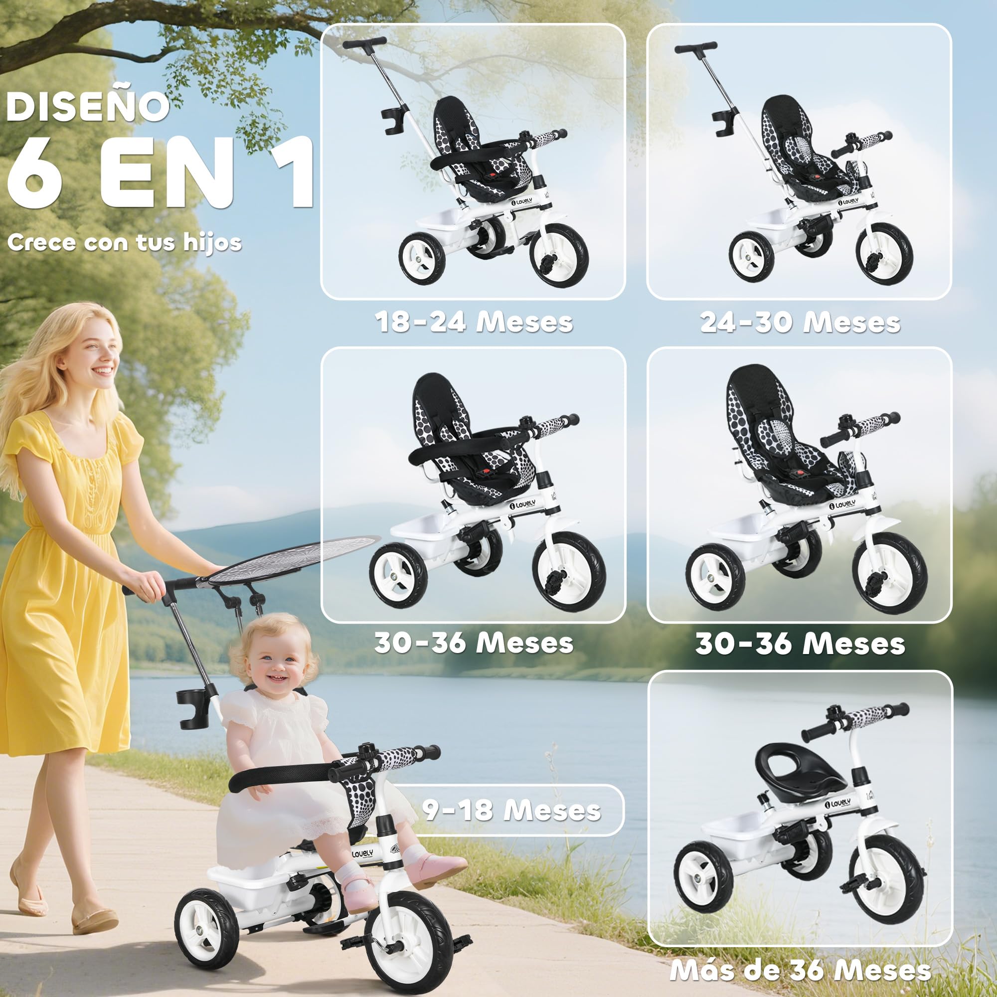 HOMCOM Triciclo para Bebés 6 en 1 Triciclo Evolutivo para Niños de +12 Meses con Toldo Plegable Mango de Empuje Telescópico y Desmontable Asiento Ajustable Cesto y Portabotellas Blanco