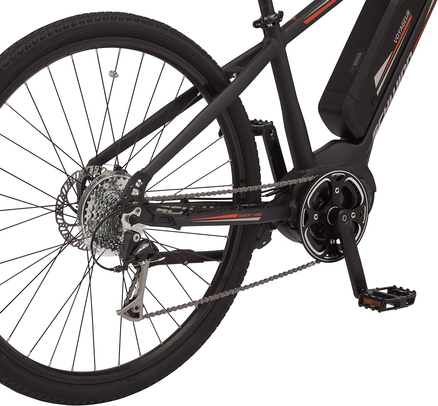 Close-up of the Schwinn Voyageur rear derailleur, cassette, and chain