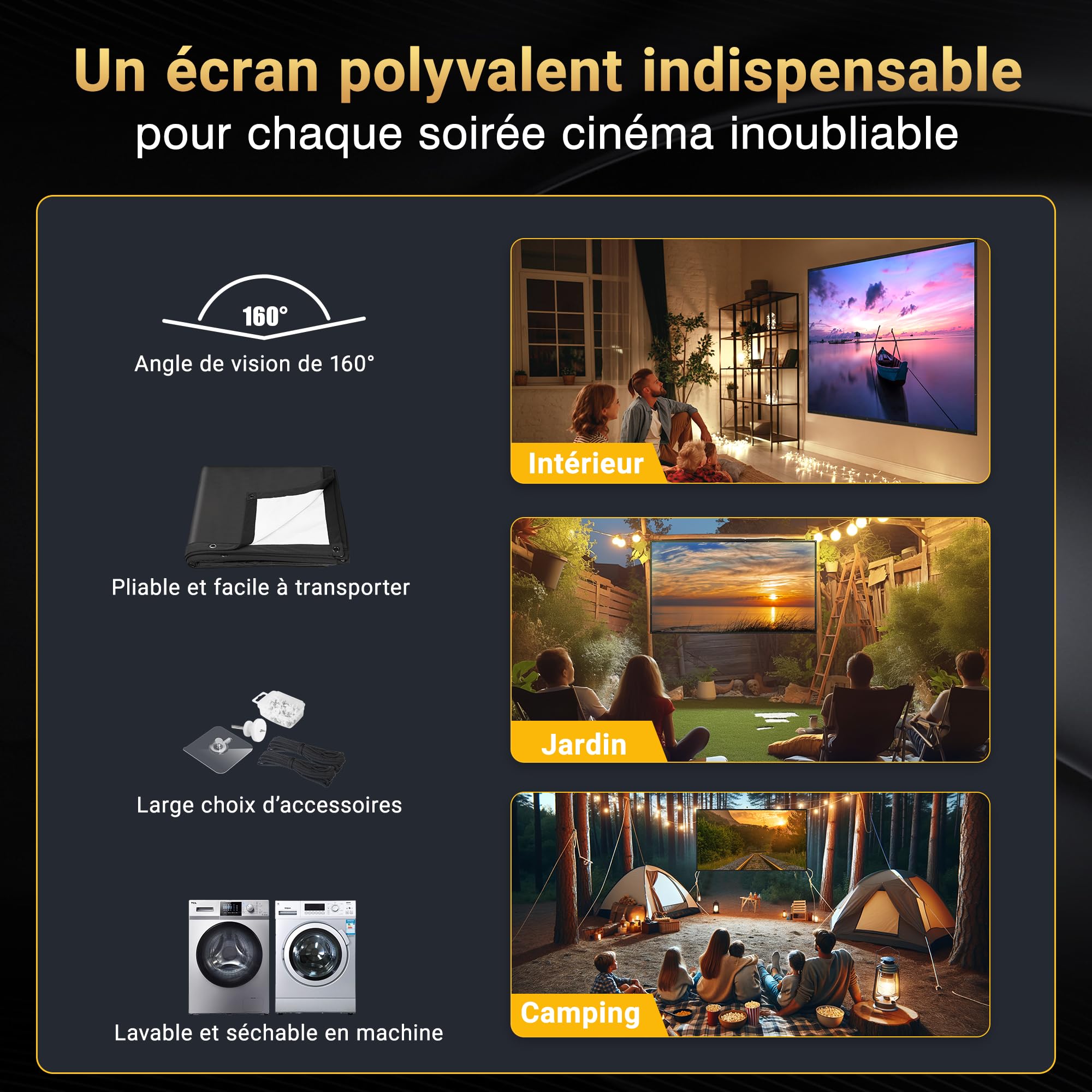 IOLIEO Écran de Projection 100 Pouces 16:9 Dos Noir Pliable Lavable Anti-Pli