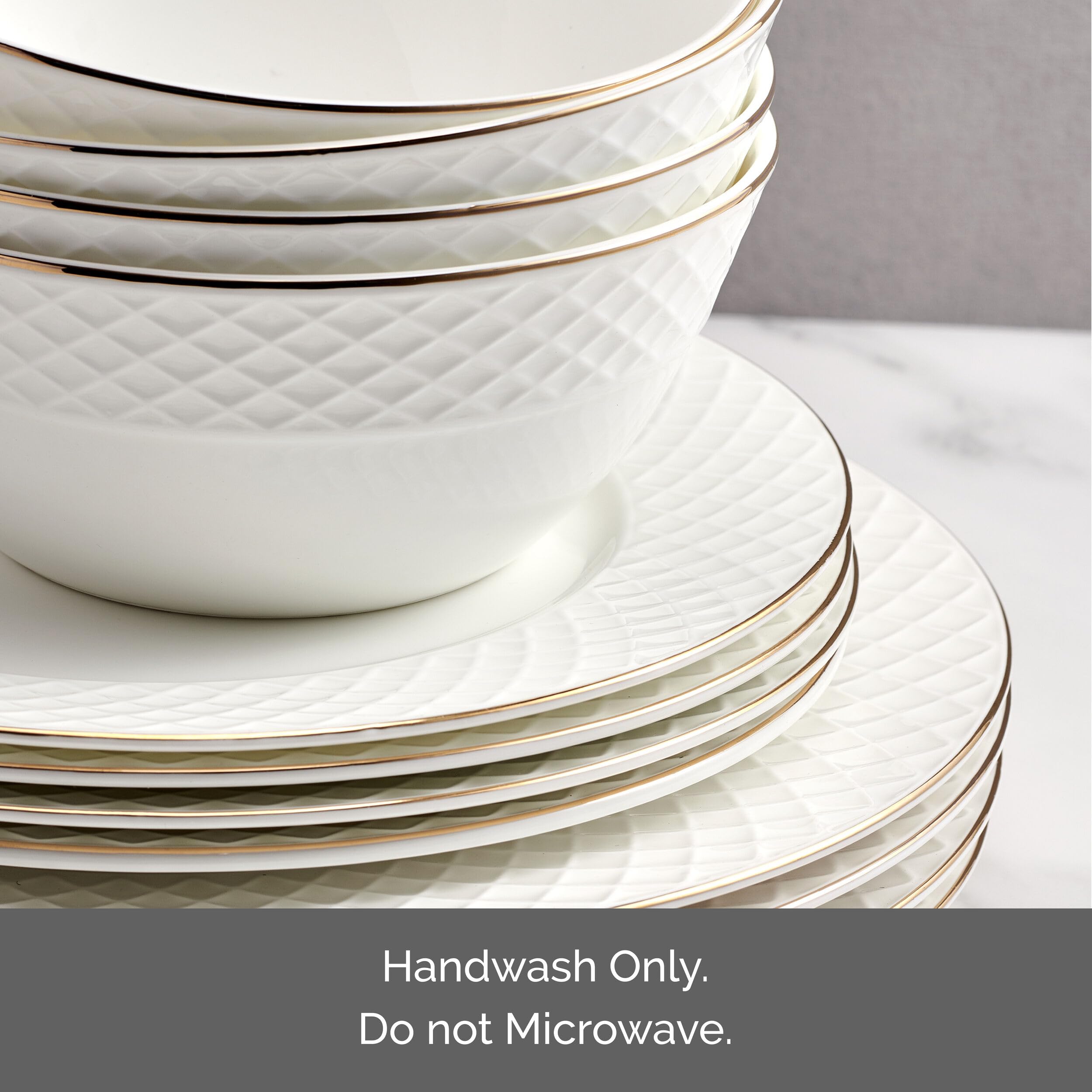 Mikasa Trellis - Vajilla de porcelana china con borde dorado, ligera, resistente a las astillas, 12 piezas, servicio para 4