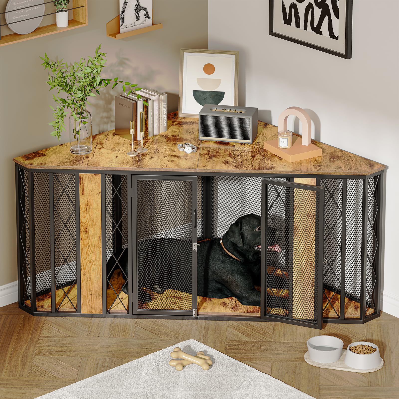 67" XL Corner Dog Crate Furniture, Large Wooden Dog Kennel Furniture with 2 Doors, Decorative Dog Crate, Dog Kennel TV Stand End Table for Small to Large Dogs