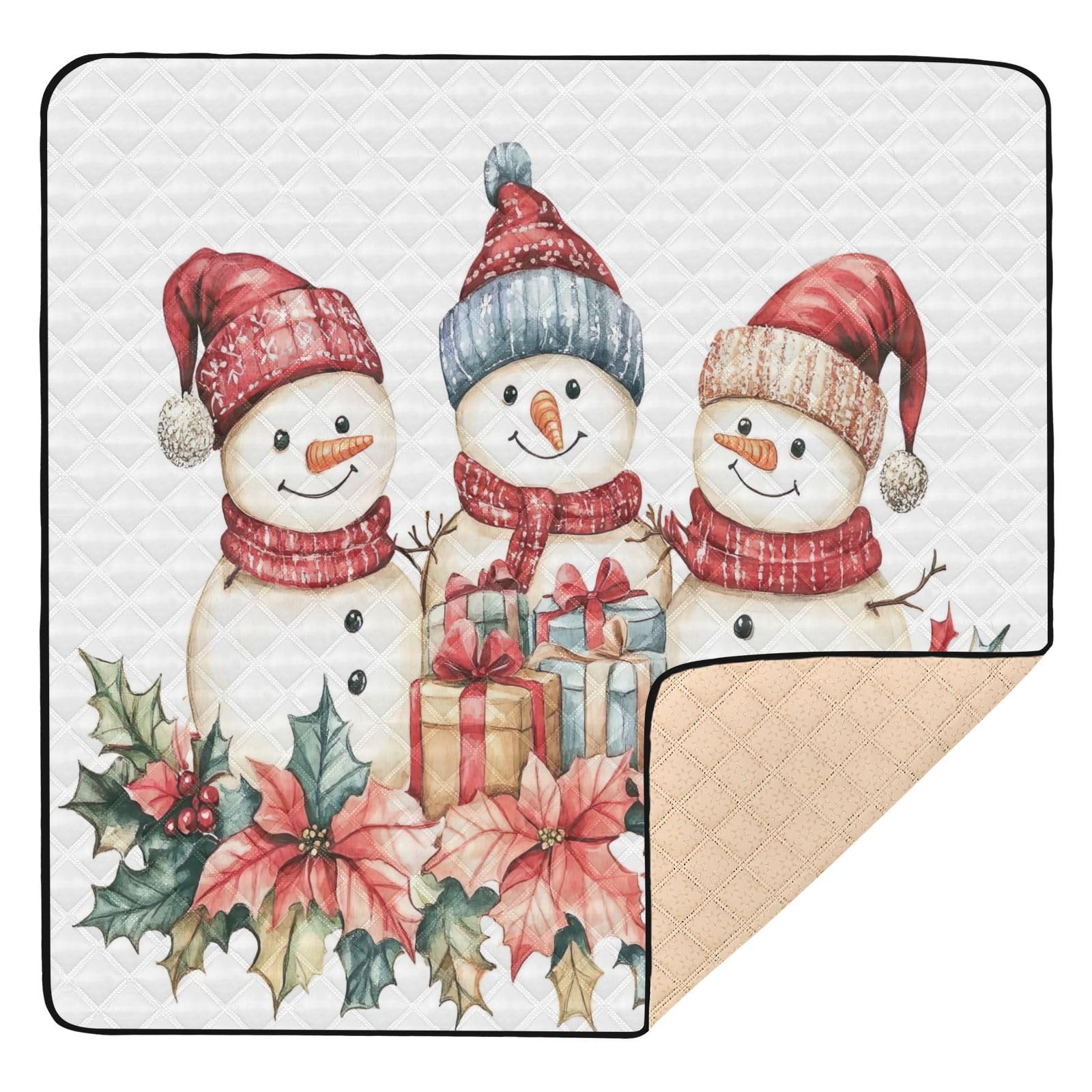 BOESI Doodle Cute Snowman Pattern Baby Play Mat, 50“ X 50” Washable Folding Crawling Mat, Baby Floor Mat, Soft, Thick, Non-Slip