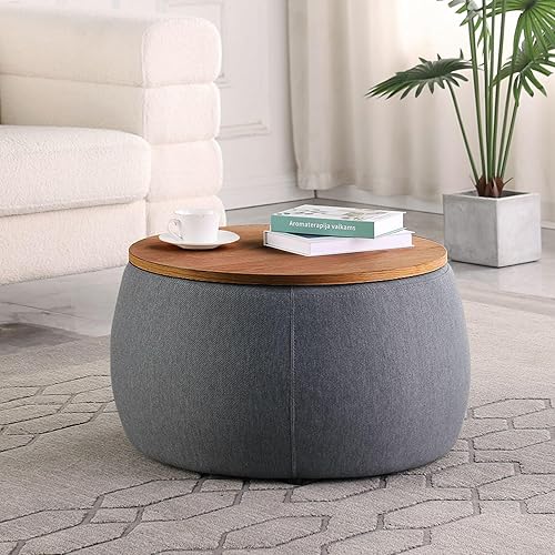 Morden Fort Otomana redonda con almacenamiento para sala de estar, mesa de centro otomana de 26 pulgadas con almacenamiento con cubierta de madera,