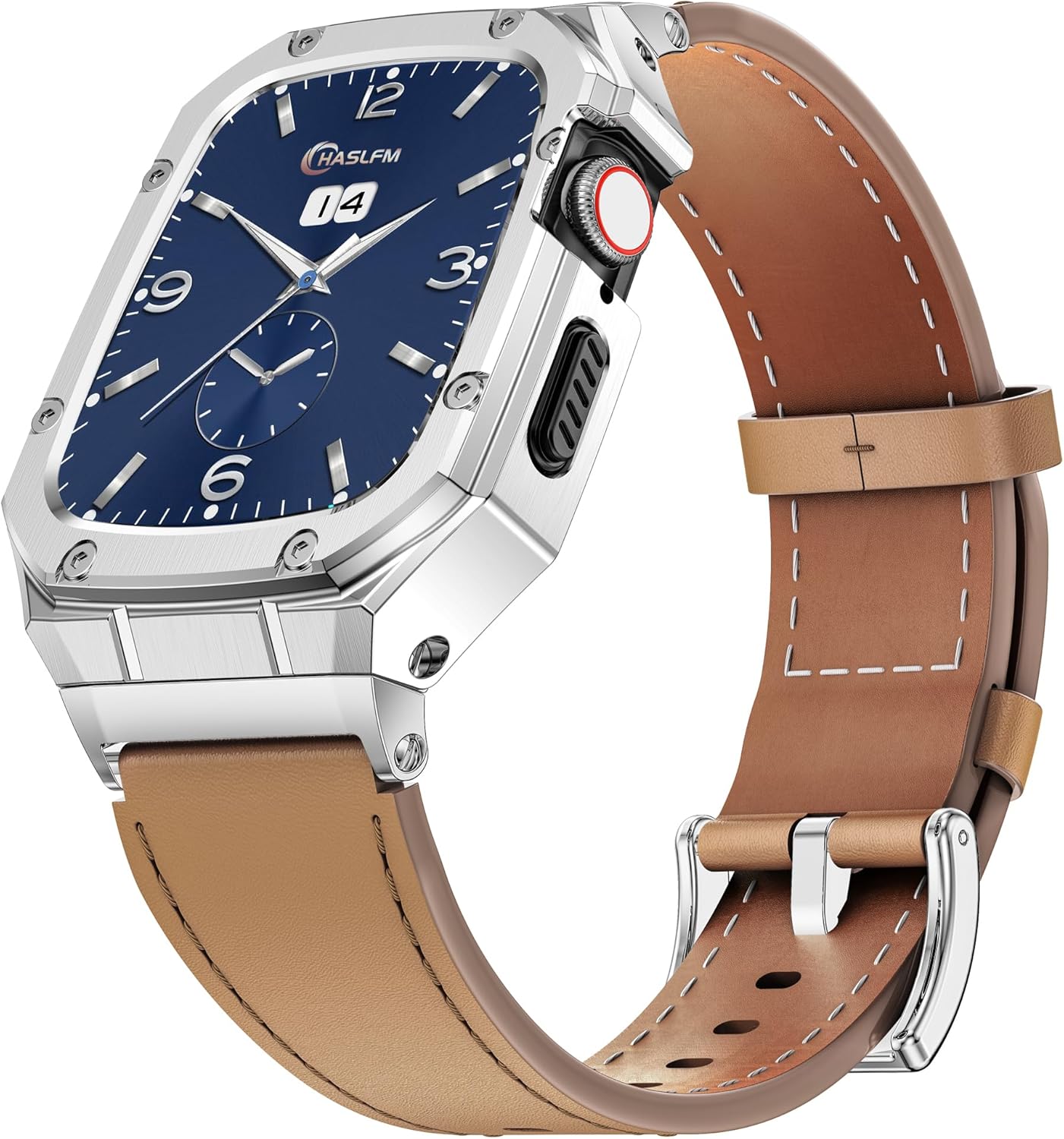 HASLFM Stainless Steel Case and Leather Band Compatible with Apple Watch 45mm for Men,Genuine Leather Apple Watch Strap and Metal Cover for iWatch Series 9 8 7,Brown/Silver