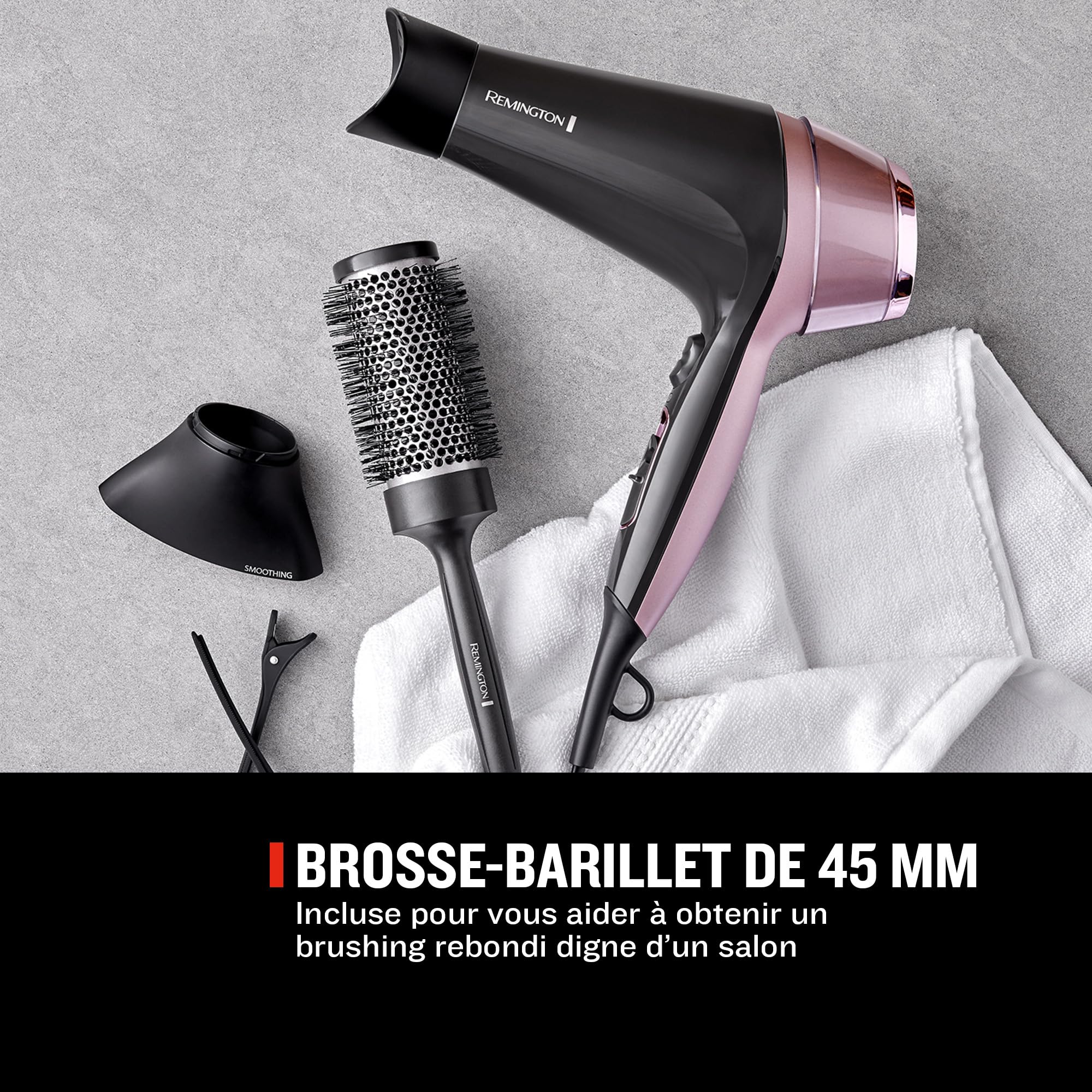 Remington Sèche-cheveux Ionique [Multifonction: boucle, ondule, lisse] Curl&Straight (2200W, 3 températures/ 2 vitesses, concentrateur incurvé unique, brosse à coiffer 45mm, accessoires) D5707