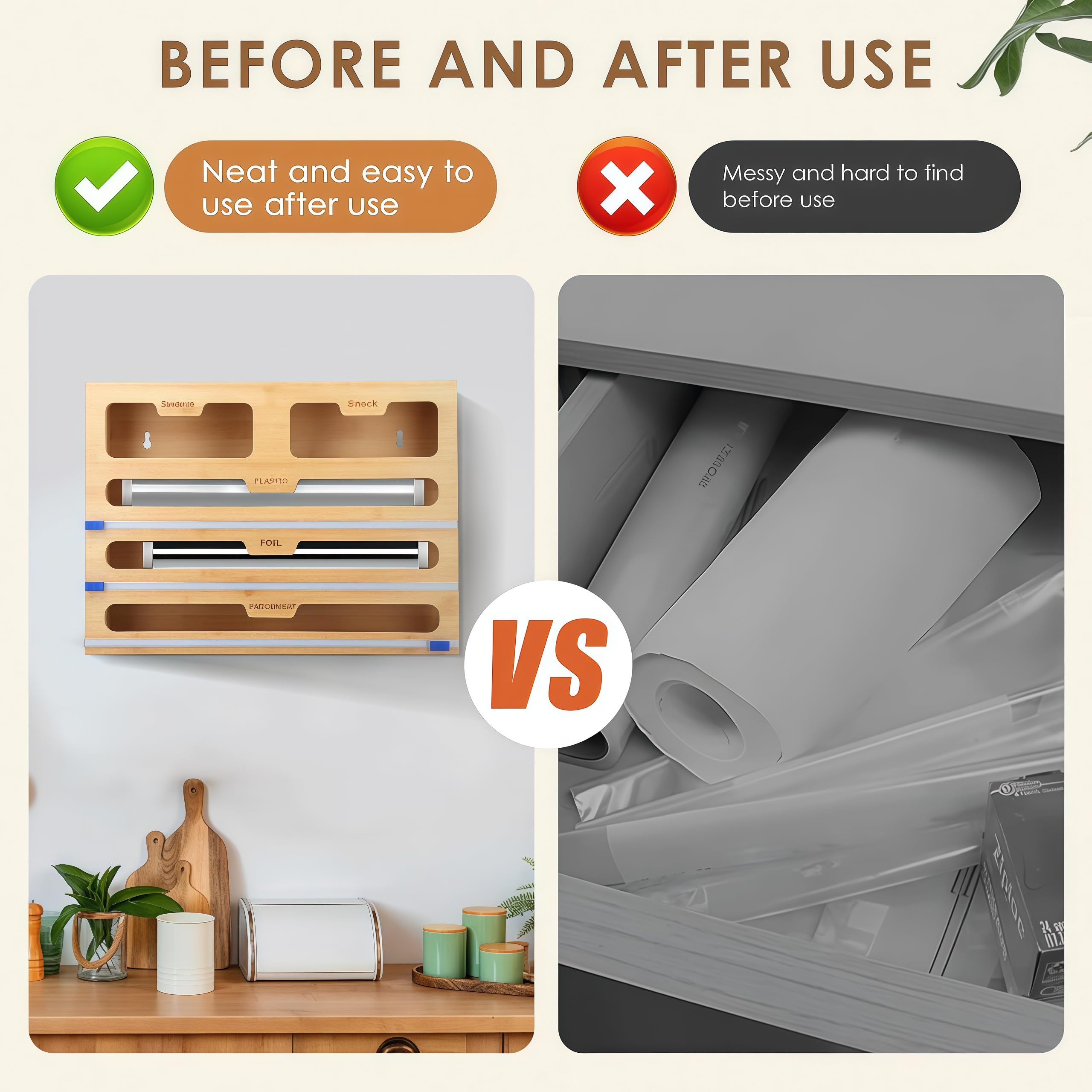 Dispensador y cortador de película adhesiva de bambú para cajón de cocina, organizador de aluminio, 40 cm, fácil acceso y desgarro