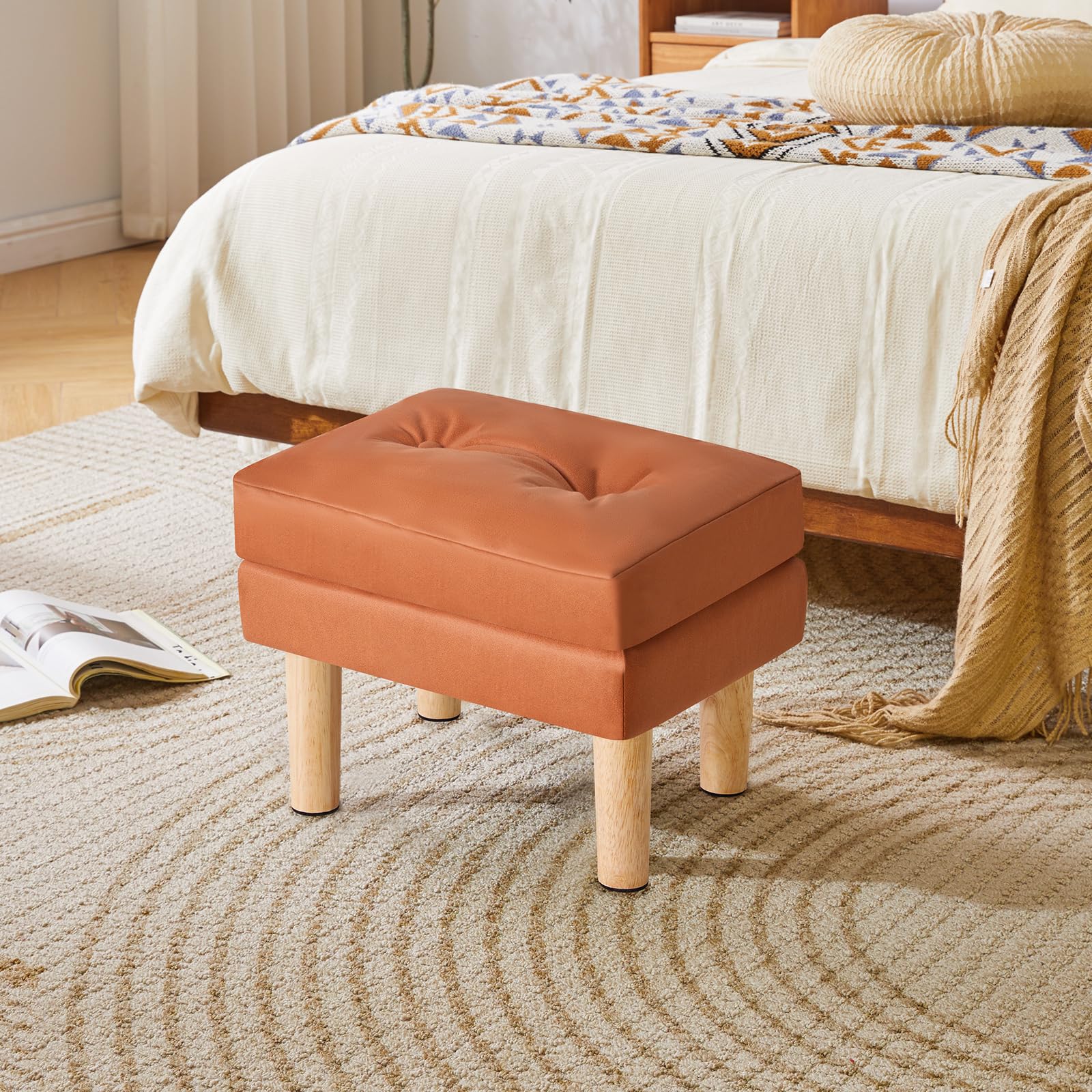 YMYNY Poggiapiedi, Pouf in Ecopelle, Superficie Morbida Rimovibile, Moderno e Sgabello per Camera da Letto, Soggiorno 41.5 x 31.5 x 32CM Arancione HBD041J