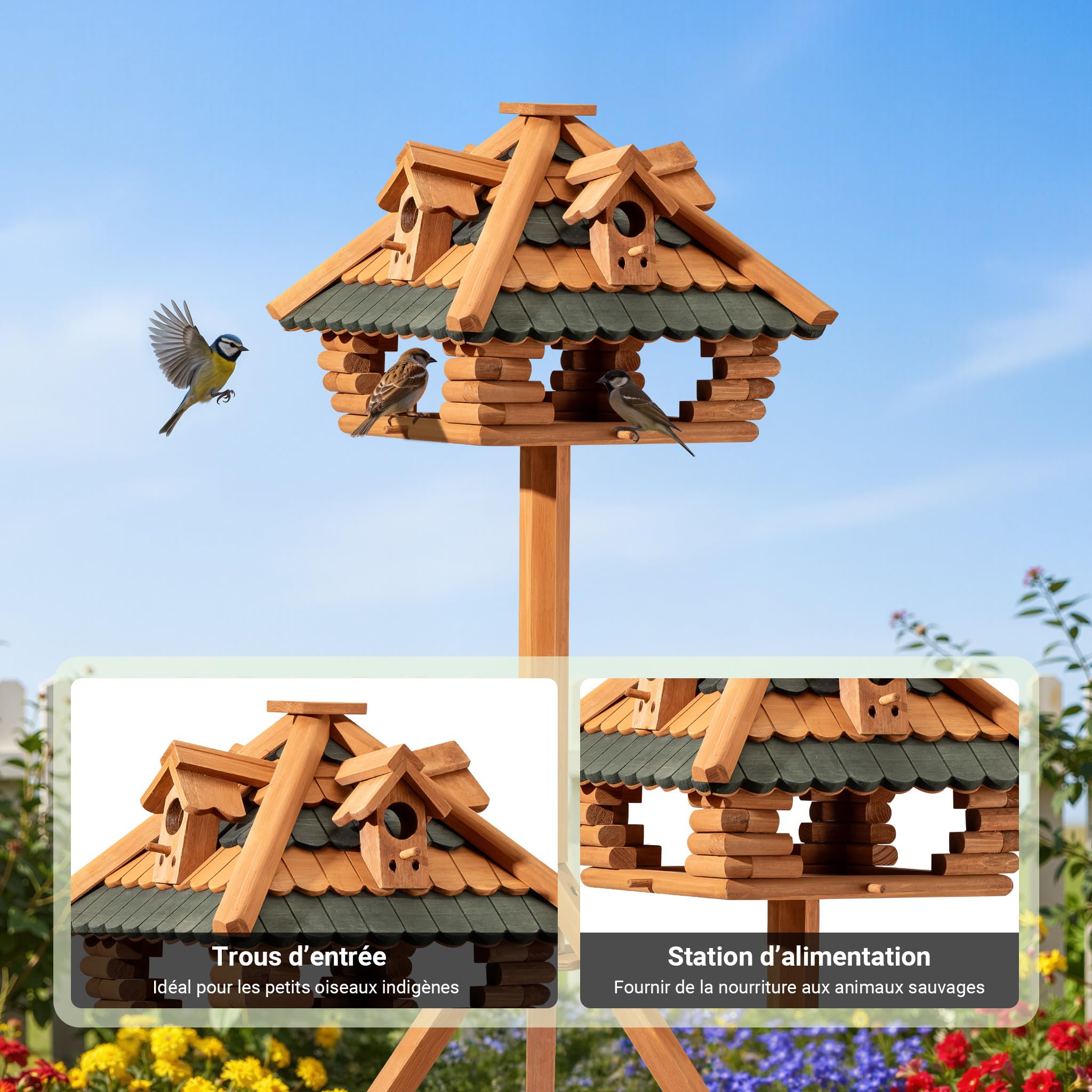 Vogelfutterhaus mit Ständer aus Tannenholz 115cm Wildvögel Vogelhaus mit Gauben