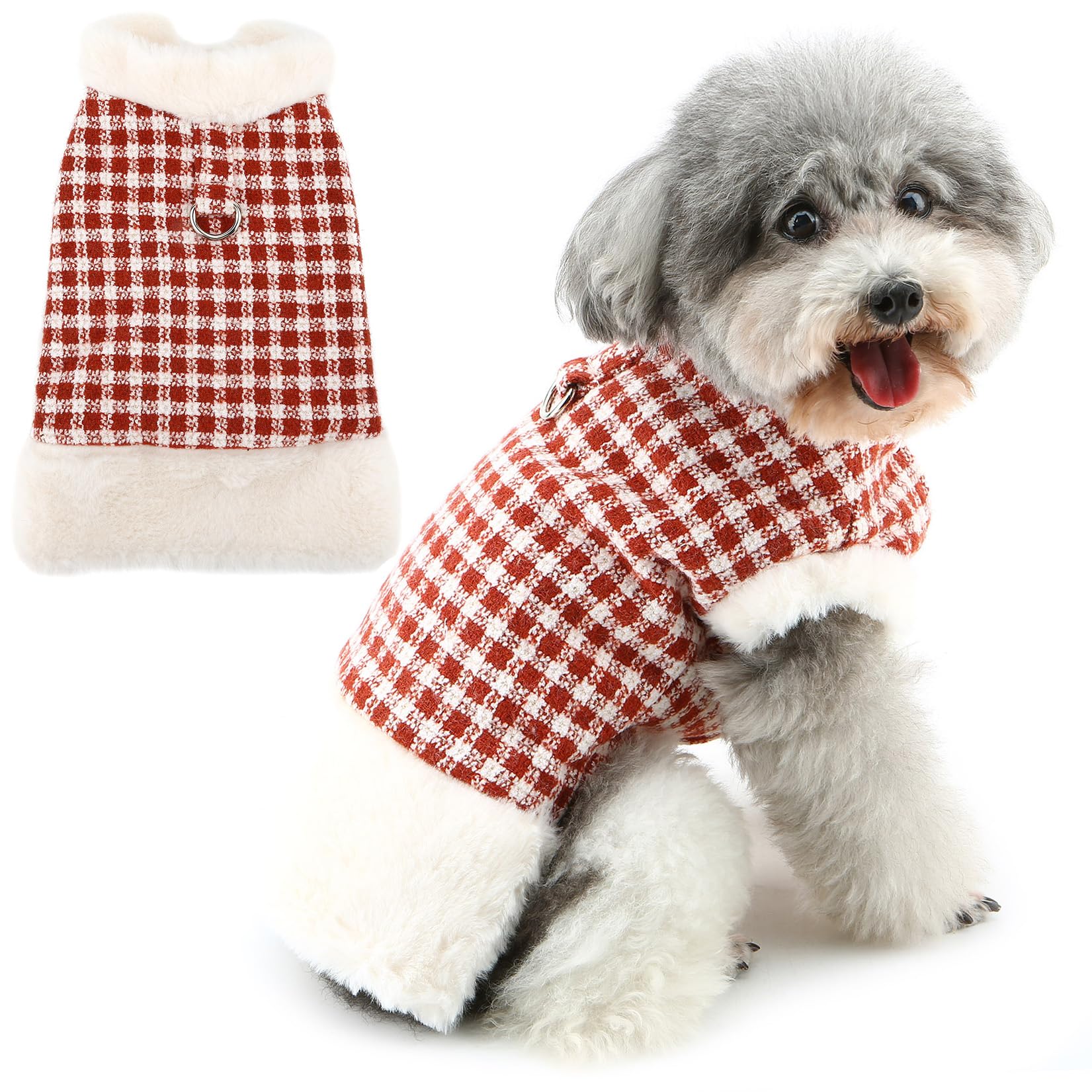 Zunea Plaid Dog Winter Coats for Small Dogs Warm Fleece Lined Jackets Puppy Clothes with Leash Ring Windproof Cold Weather Christmas Pet Apparel Soft Vest Sweater Jacket for Chihuahua Yorkie Red S