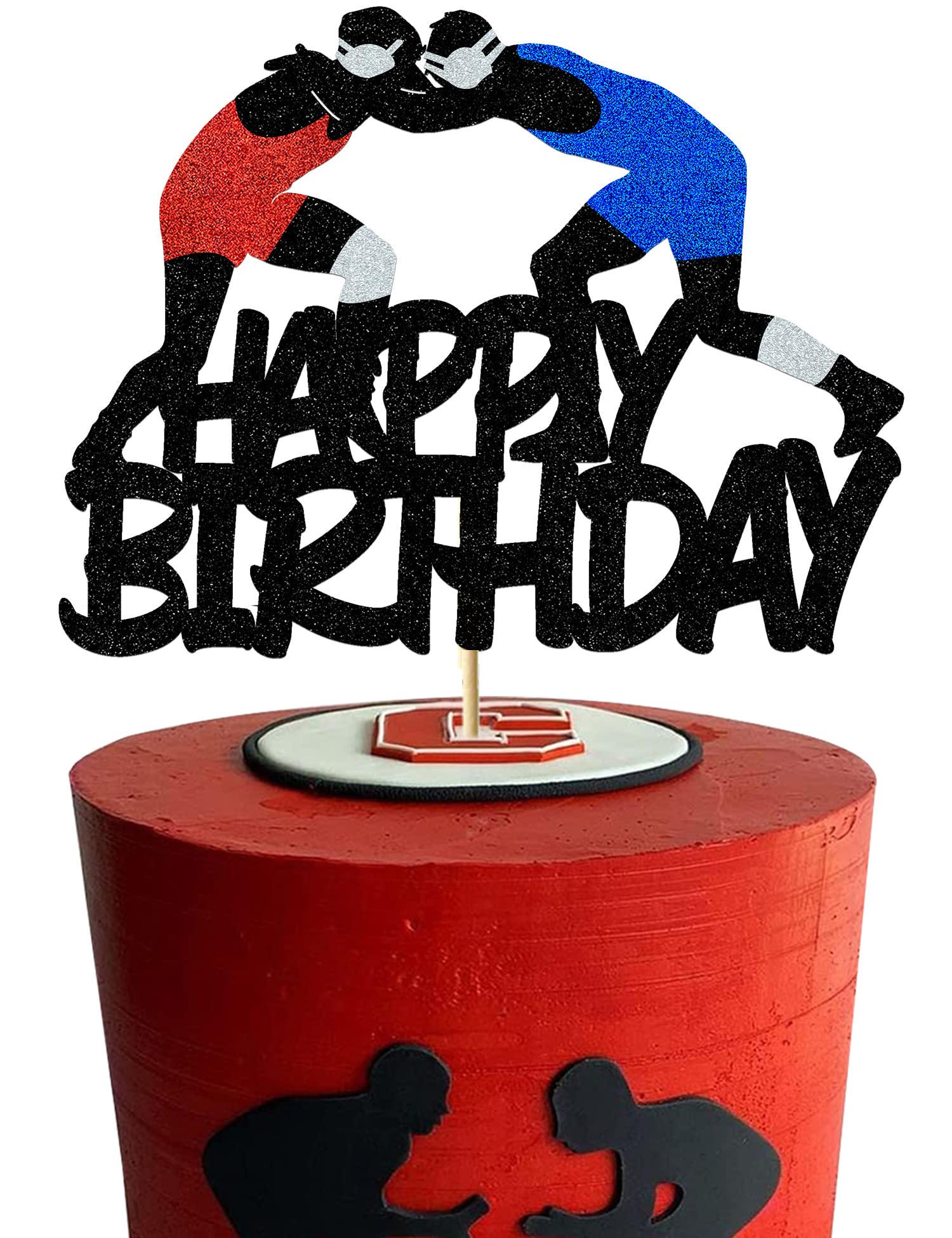 Wrestling Cake Topper — Wrestling Happy Birthday Cake Decorations for Men, Glitter Wrestling Theme Party Decoration Supplies