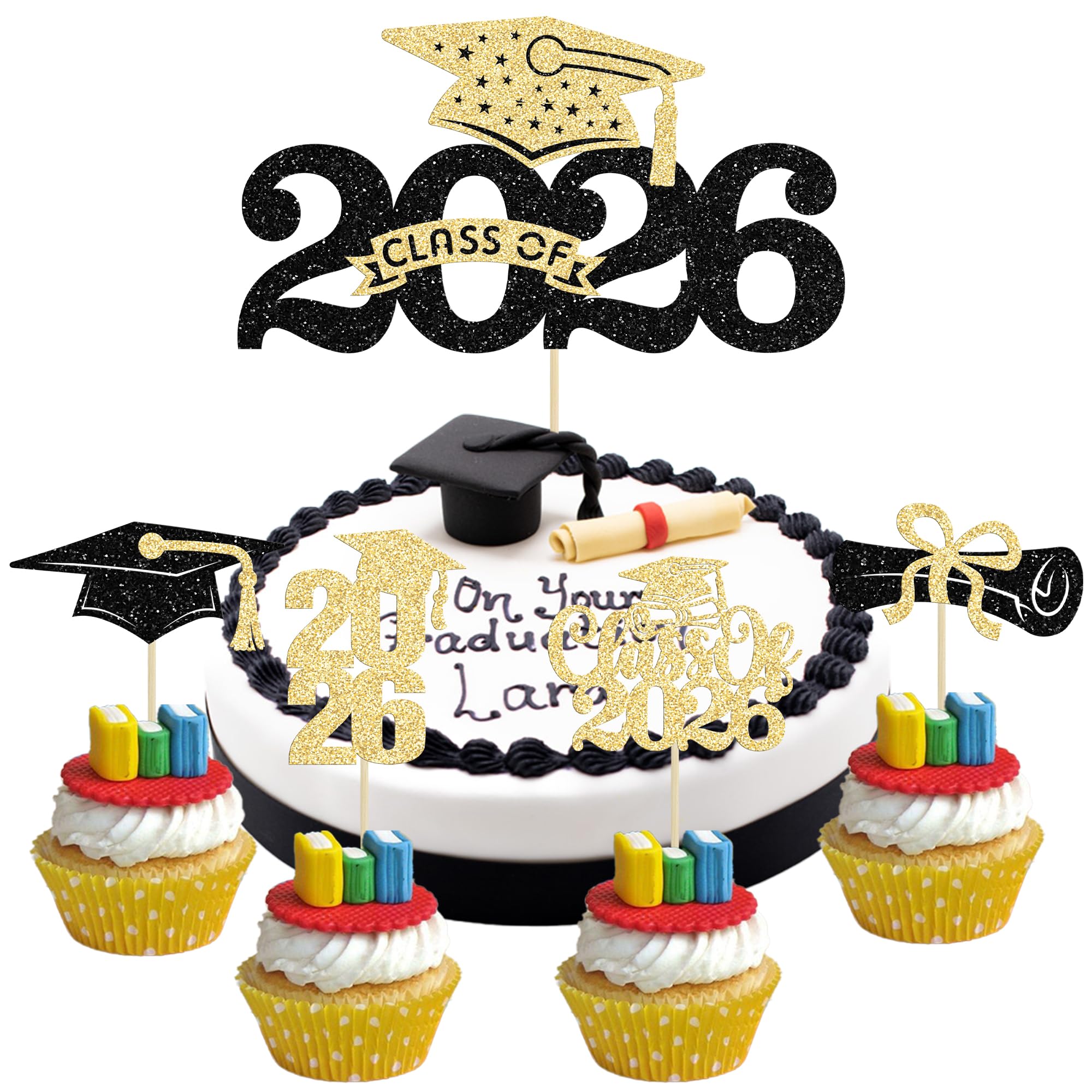 Ephlyn 25Pcs Class of 2026 Cake Topper Glitter Congrats Grad Cap 2026 Graduation Cake Pick for 2026 Theme High School Boys Girls Graduate Party