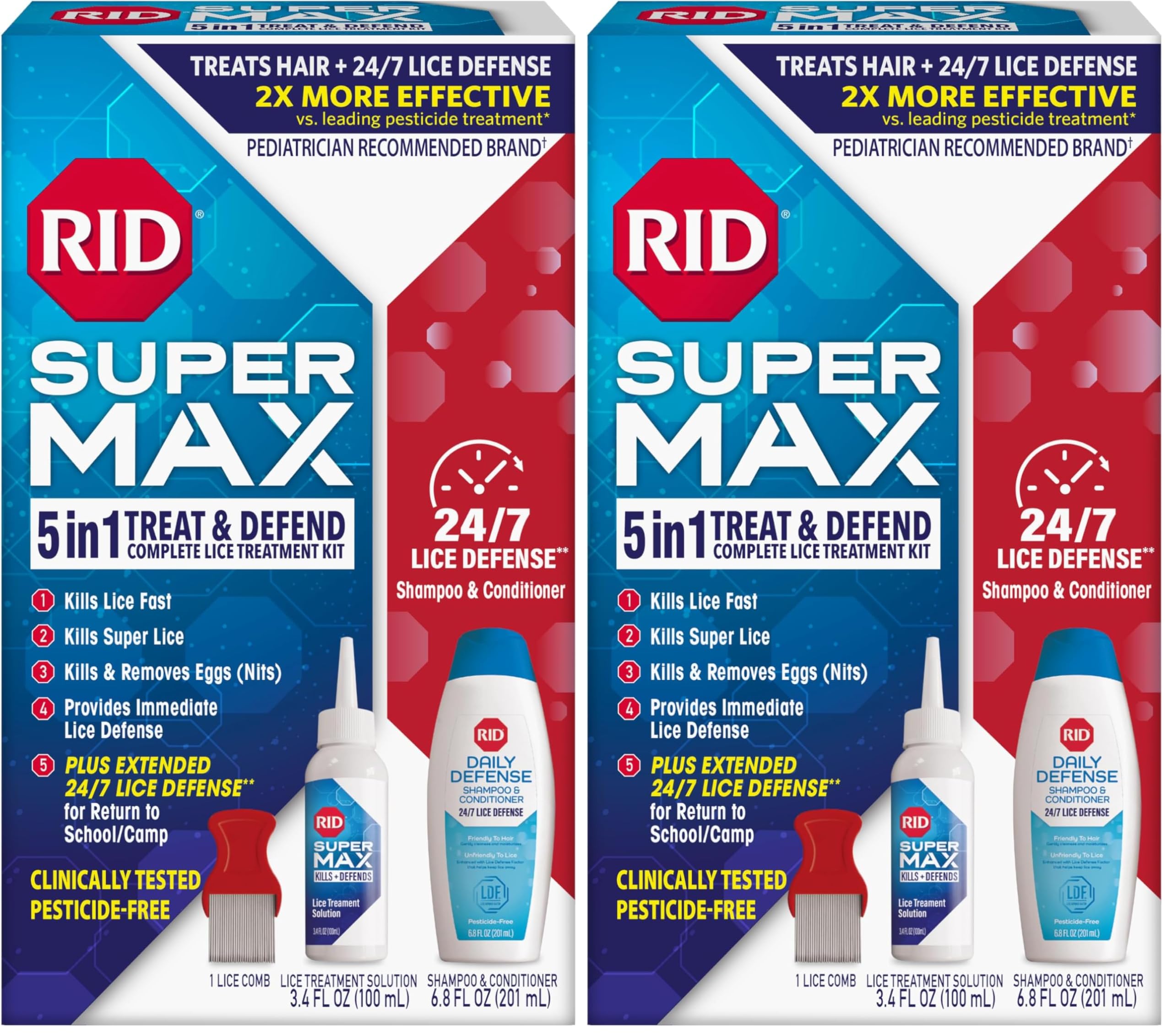 RID Super Max Lice Treatment Kit, Kills Lice&amp; Super Lice &amp; Eggs + 24/7 Lice-Defense, Pesticide Free, 3.4 FL OZ Solution + 6.8 FL OZ Daily Defense Shampoo &amp; Conditioner + Nit Removal Comb,(Pack of 2)