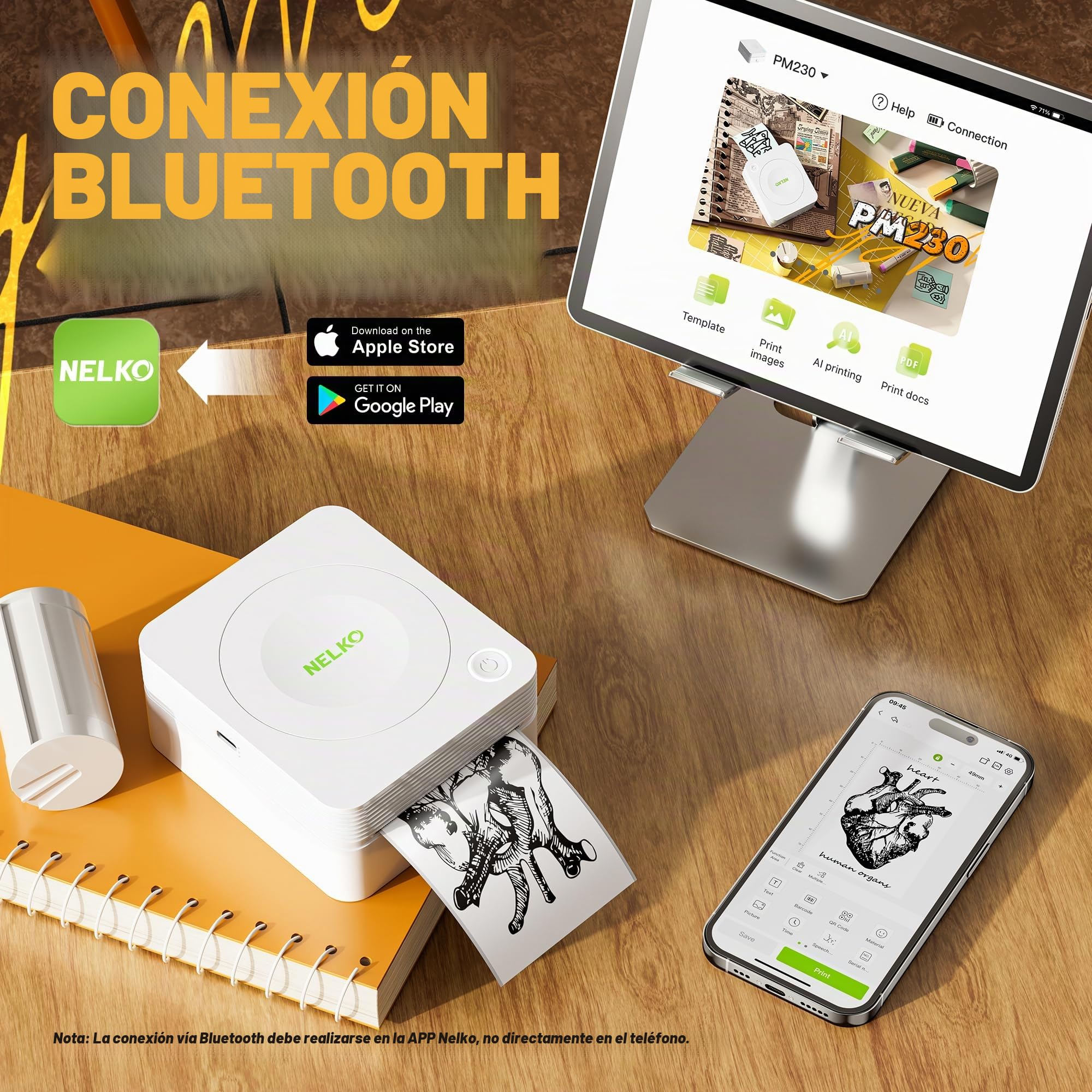 Nelko PM230 Mini Impresora Térmica, Impresora Termica Portatil, Impresora Bluetooth Portatil Inalámbrica, Recargable, con 3 Rollos Papel - para Fotos, Notas, Pegatinas Móvil - iOS/Android