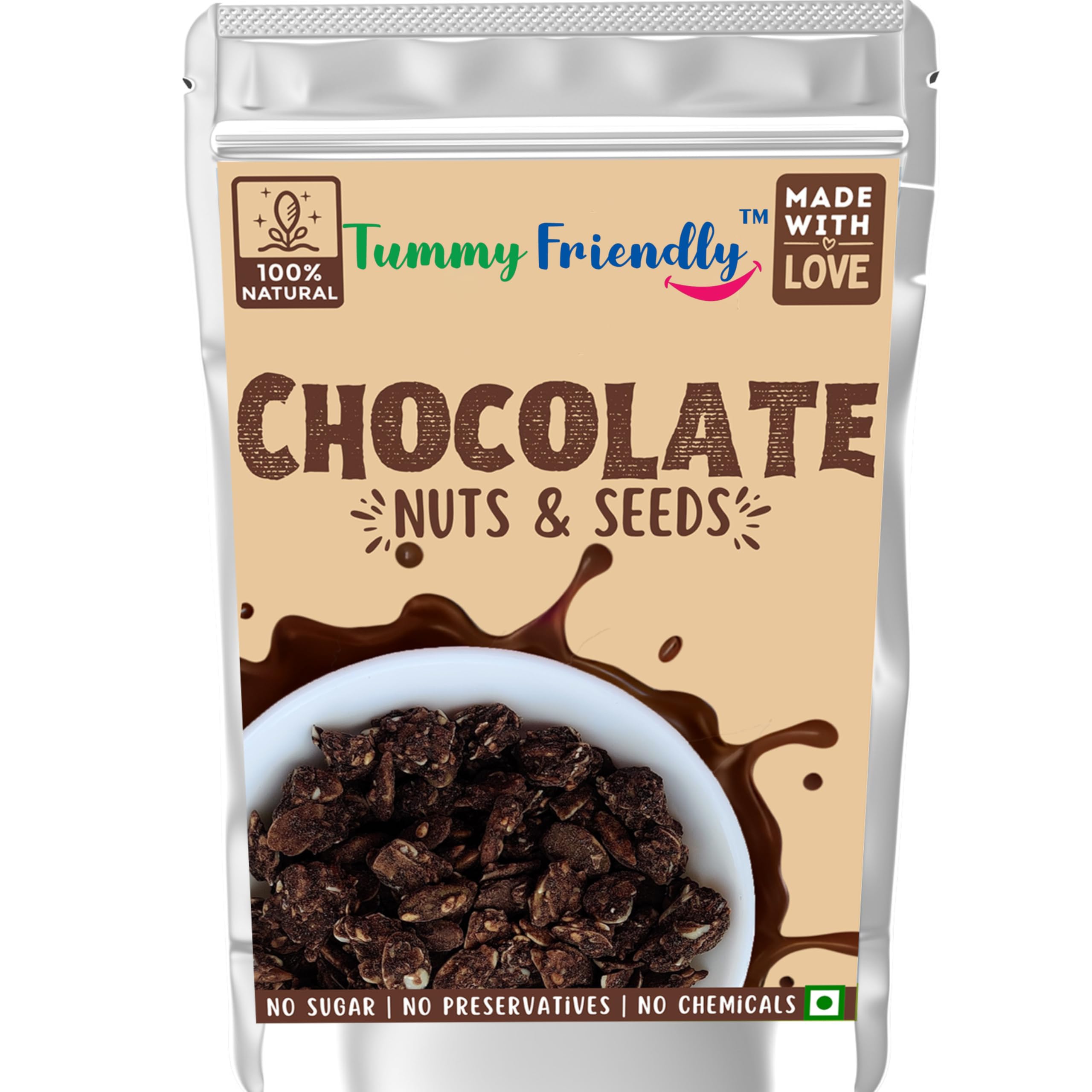 Tummy Friendly Chocolate Nuts and Seeds Mix. Healthy Snacks for kids, Toddlers, Adults. Travel friendly snacks for kids. Healthy Chocolate Snacks for Kids, adults (ChocoNutsSeeds-100, 100g)
