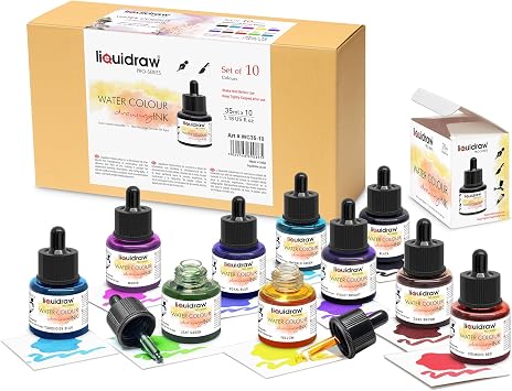 Liquidraw Watercolour Drawing Ink - 10 Assorted Colours | 35 ml Bottles with Ink Dropper | Water Colour Inks for Drawing & Design | Suitable for Professionals, Artists, Students & Hobbyists | Art Gift
