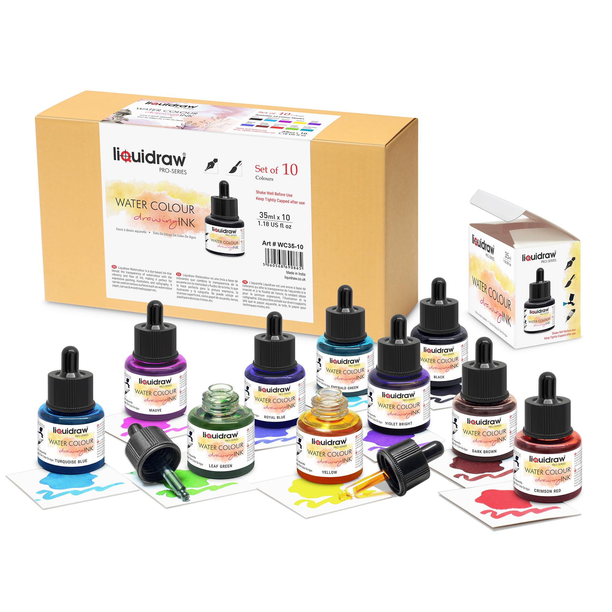 Liquidraw Inchiostro da disegno ad acquerello, 10 colori assortiti, flaconi da 35 ml con contagocce | Inchiostri acquerellabili per disegno e design | Adatto per professionisti, artisti, studenti e