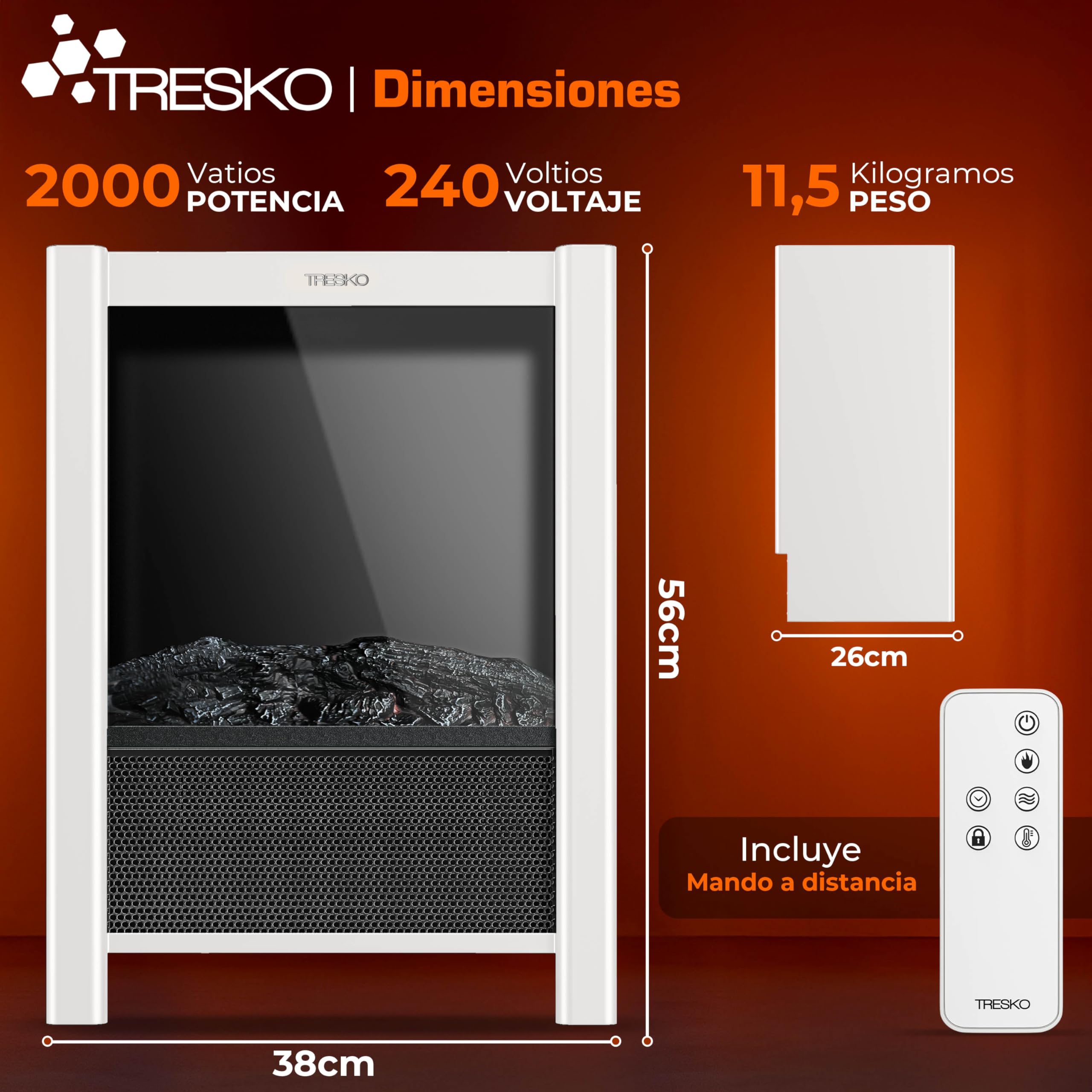 TRESKO Chimenea eléctrica 2000 W Smart Home WiFi Mando Estufa eléctrica Efecto Llama LED Pantalla LCD Termostato Calefacción ventilado
