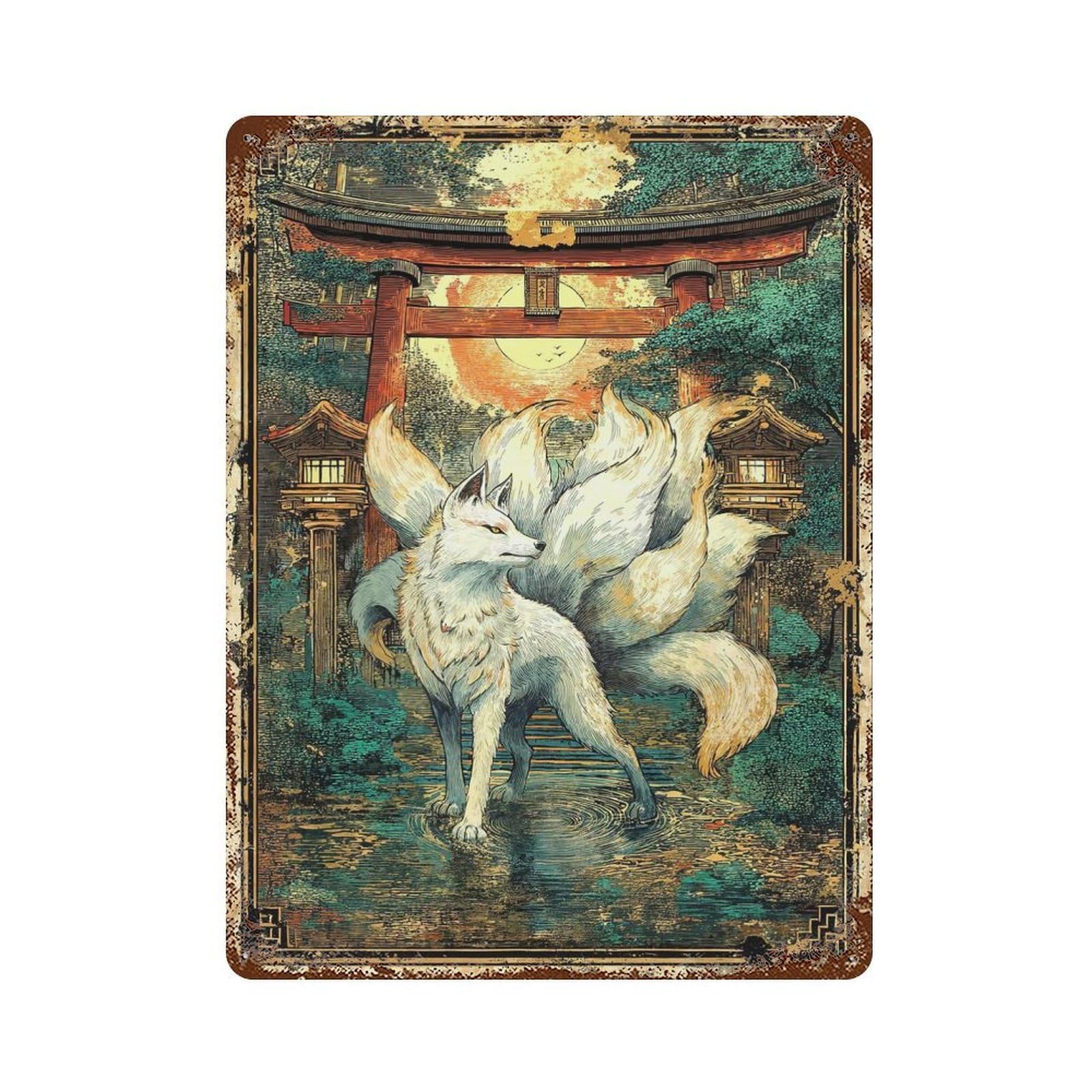 Nine Tails Under The Torii Sunset Rust Effect Tin Sign 15.7"x11.8", Ideal for Cafe, Home Bar And Lounge Decor