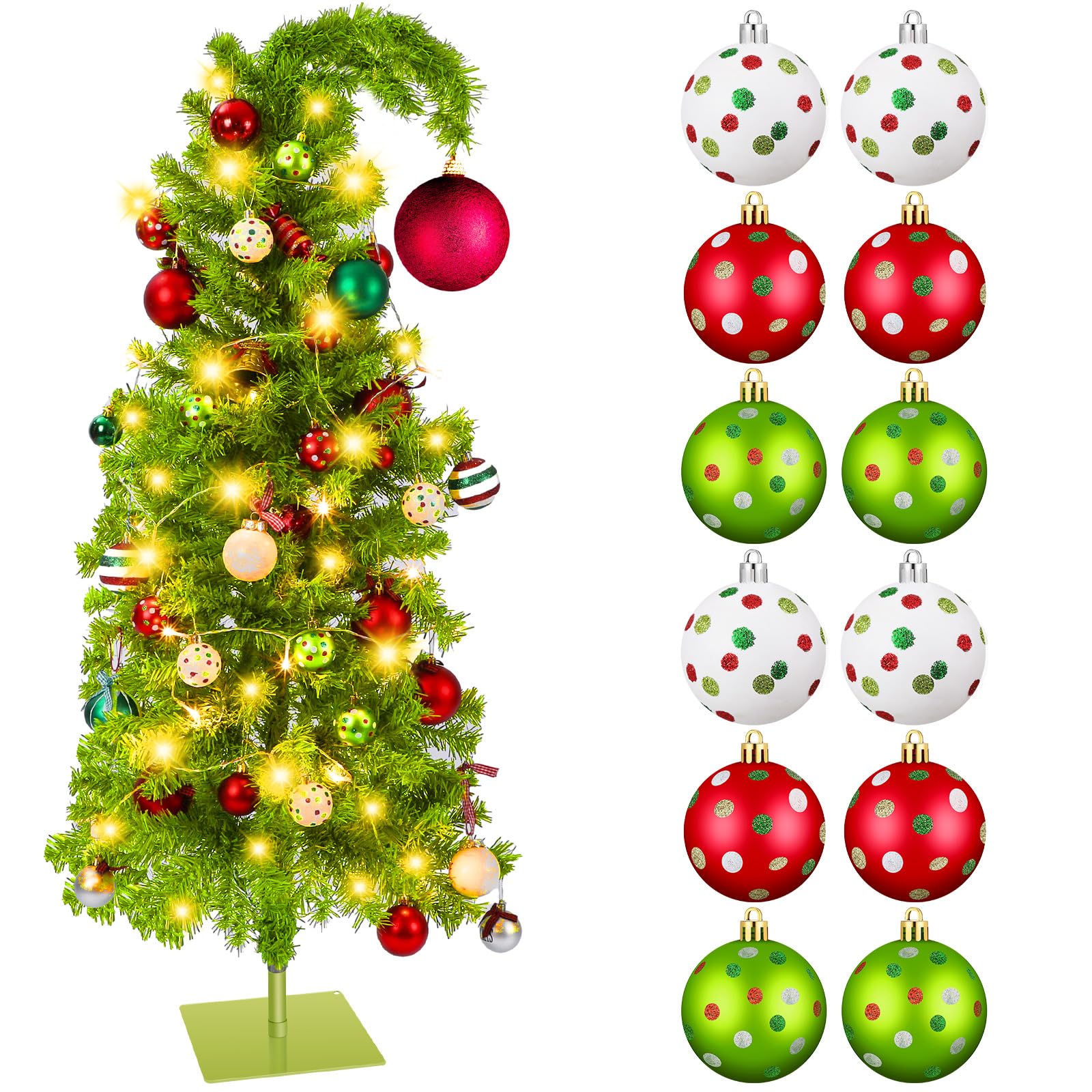 5ft christmas tree with stand artificial lime green whimsical bendable christmas tree with 13 pcs red green ball ornaments xmas for room tabletop decor holiday indoor outdoor(classic style)
