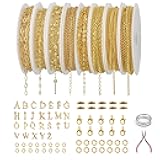18K Gold Necklace Chains for Jewelry Making 65.6 Feet 8 Rolls Styles Chains Bulk for DIY Bracelet Necklace Jewelry Making with 26pcs Letter Charm Lobster Clasp and Jump Rings Connectors