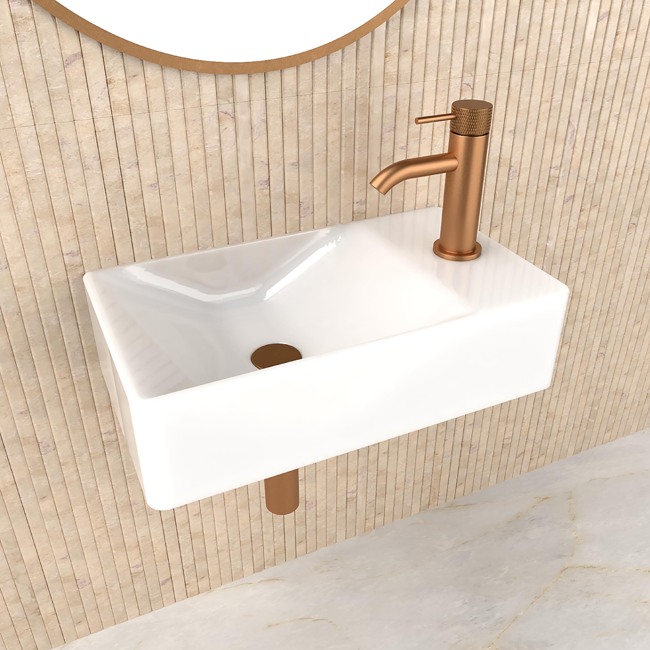 HOGART Lavabo Piccolo Bagno in Ceramica 38x22cm con Vasca a Sinistra – Lavandino Rettangolare Compatto Salvaspazio, Foro Rubinetto Senza Troppopieno, Sospeso o da Appoggio per WC Ospiti, Bagni Moderni