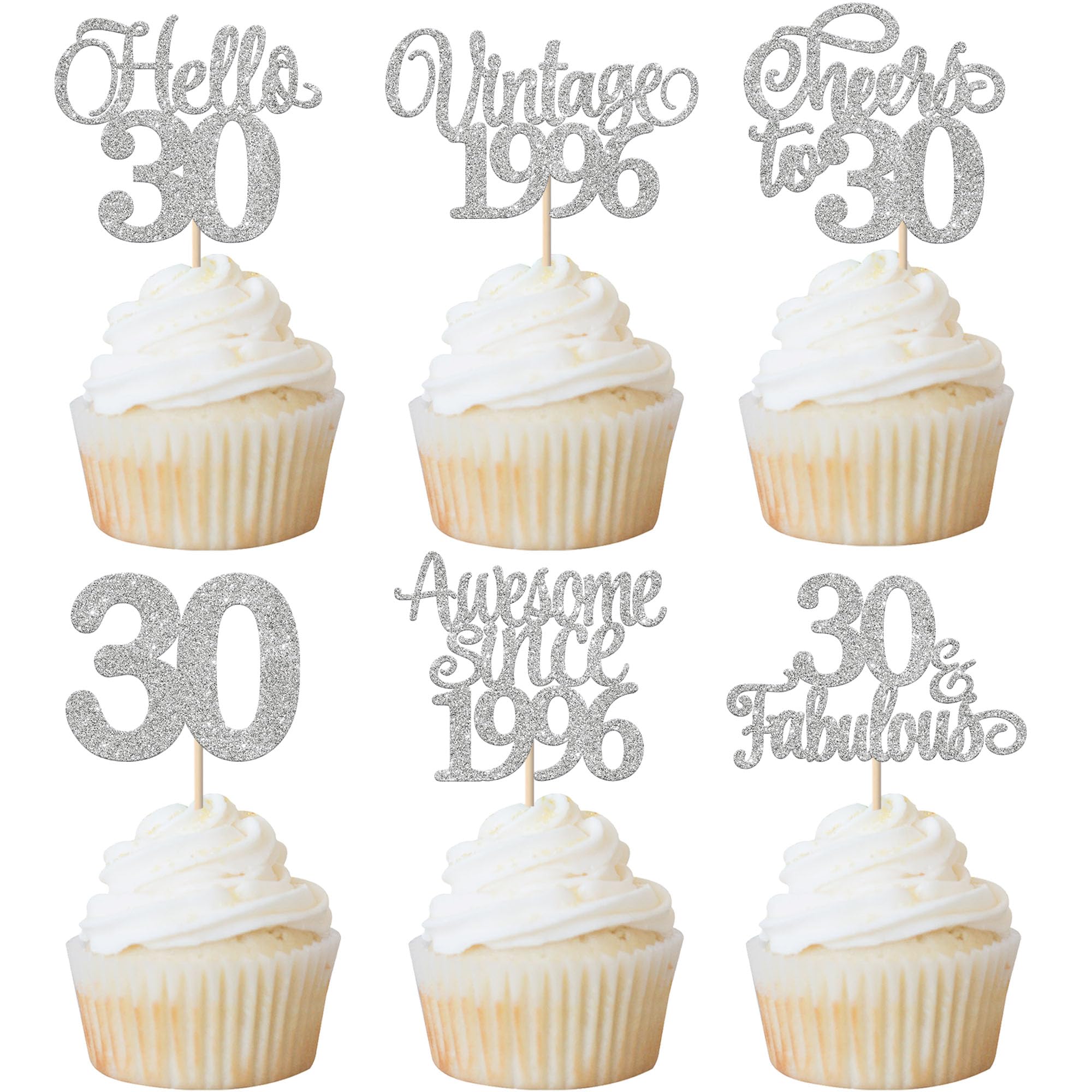 Xsstarmi 24 Pack Vintage 1996 Cupcake Toppers Glitter Silver Hello 30 Fabulous Thirty Cupcake Picks Cheers to 30 Years Birthday Cake Decorations for Happy 30th Birthday Anniversary Party Supplies